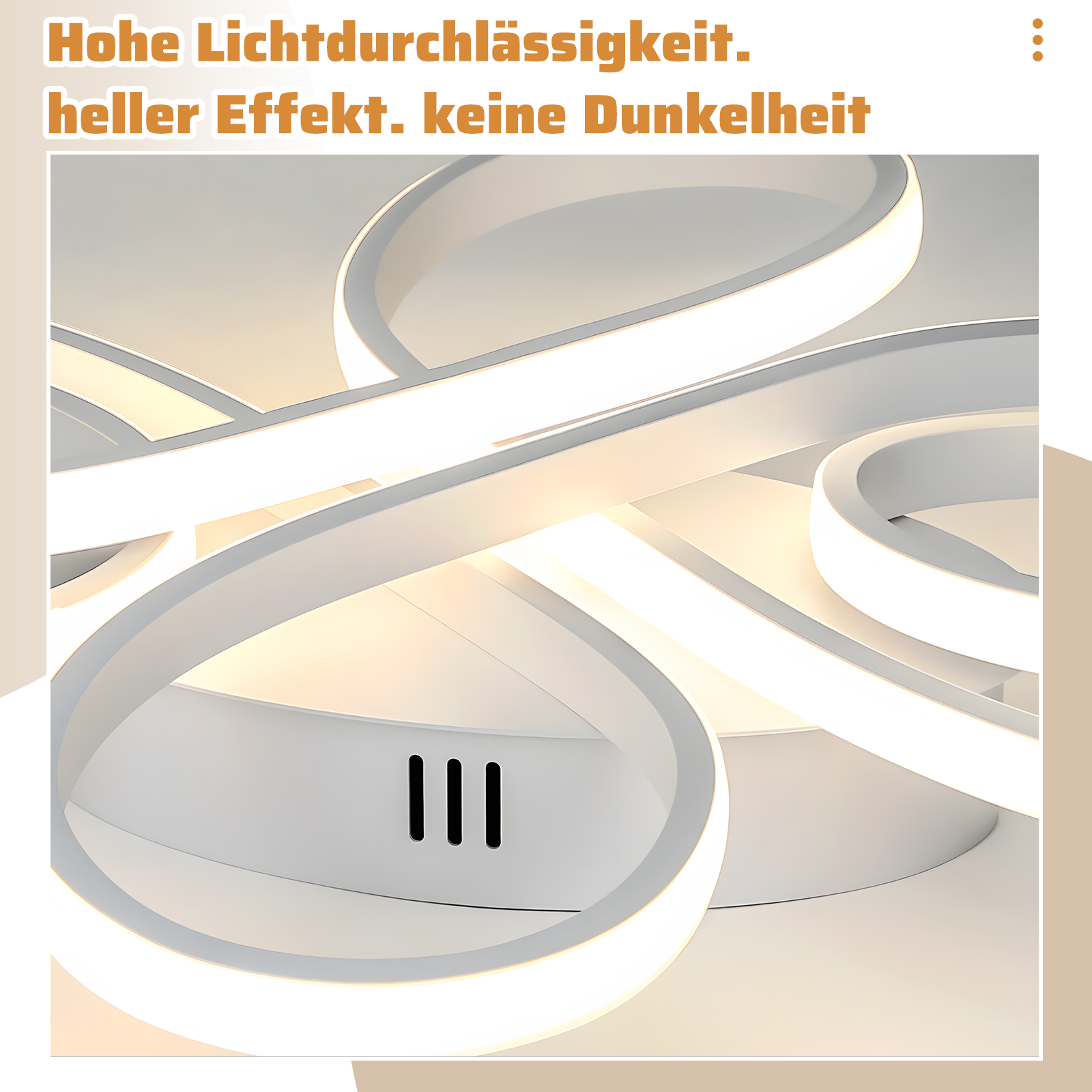 Nahaufnahme einer weißen Deckenleuchte mit Schleifendesign. Helles Licht.