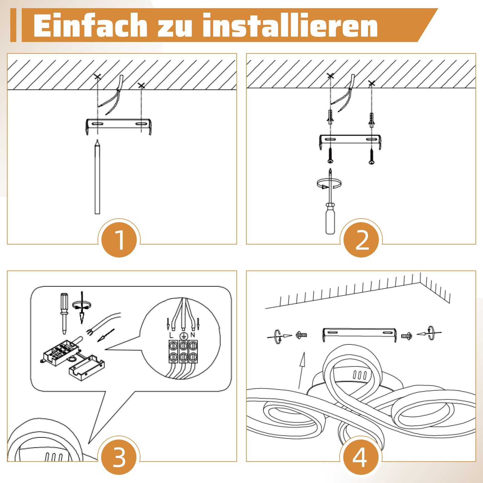 Diagramm, das die Schritte zur Installation einer Deckenleuchte zeigt, einschließlich der Verkabelung.