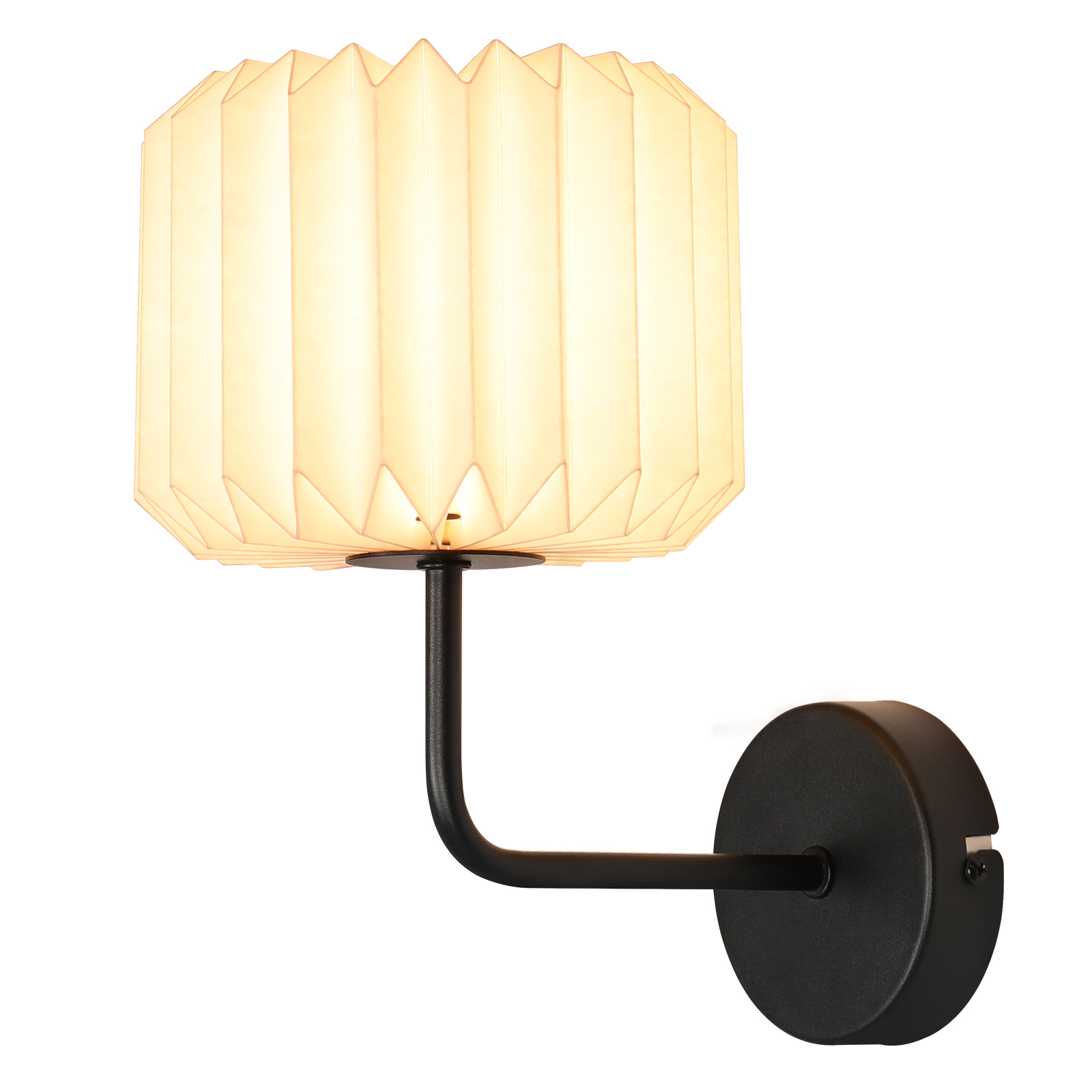 Lampada da parete nera con paralume bianco plissettato, su sfondo bianco.