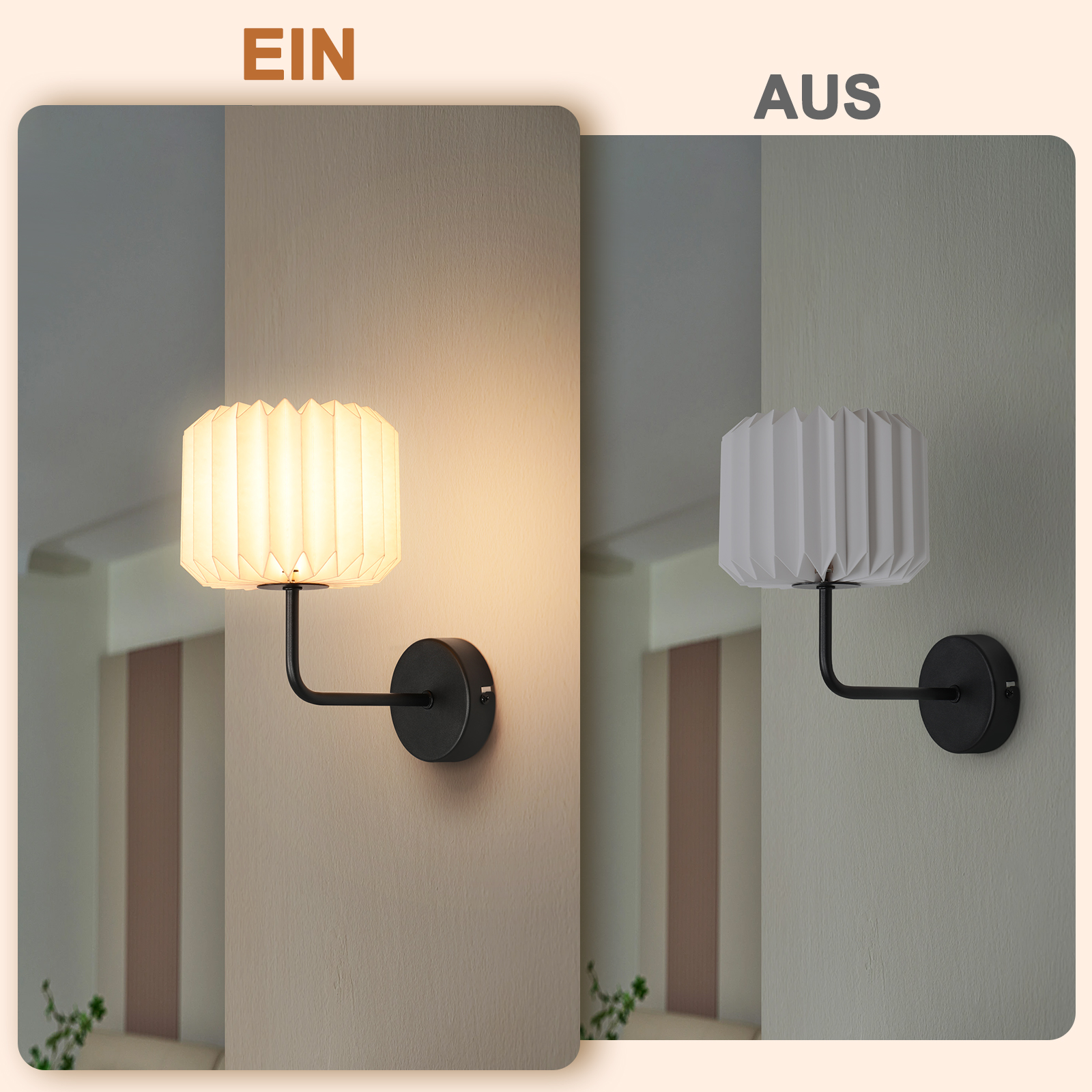 Immagine che mostra una lampada da parete accesa e spenta. La lampada ha un paralume bianco plissettato.