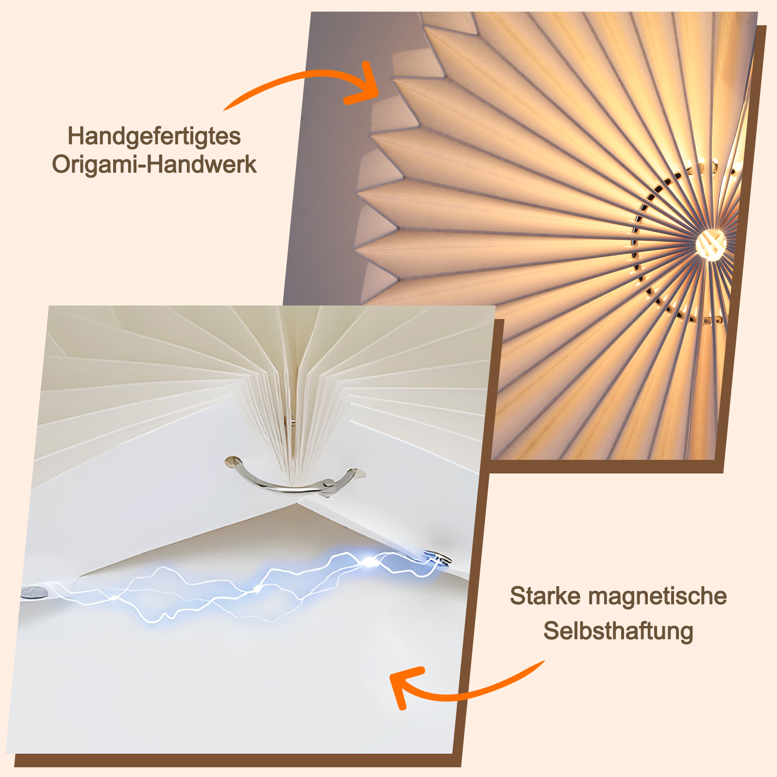 Zbliżenie klosza pokazujące wzór origami i magnes.