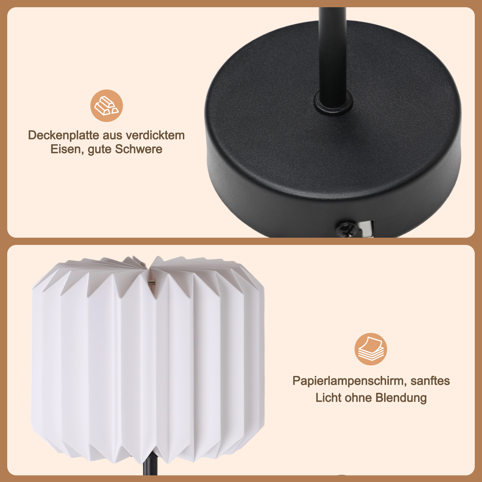 Primo piano di una base lampada e un paralume. Testo sul materiale.