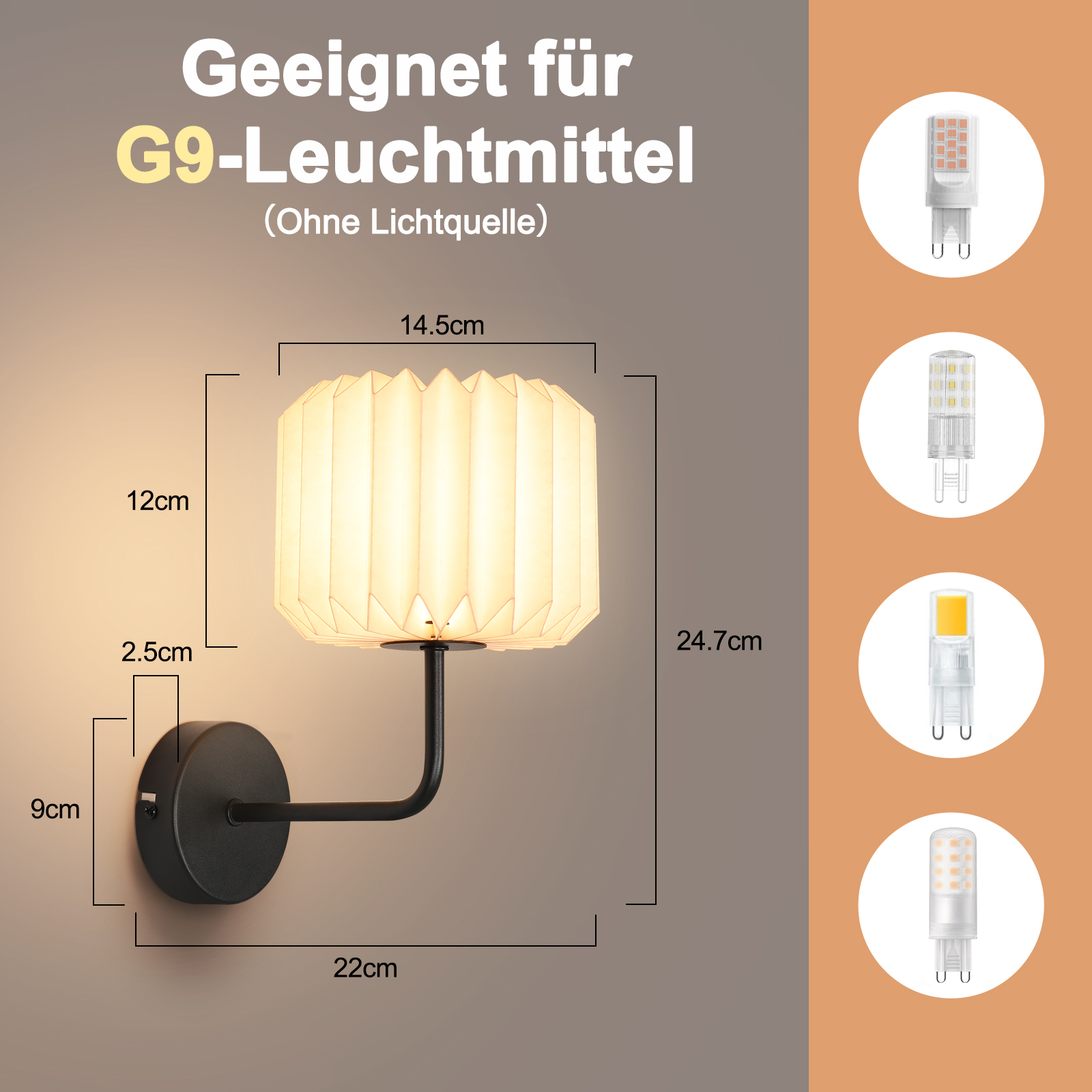 Diagramma che mostra una lampada da parete con dimensioni e varie lampadine G9.