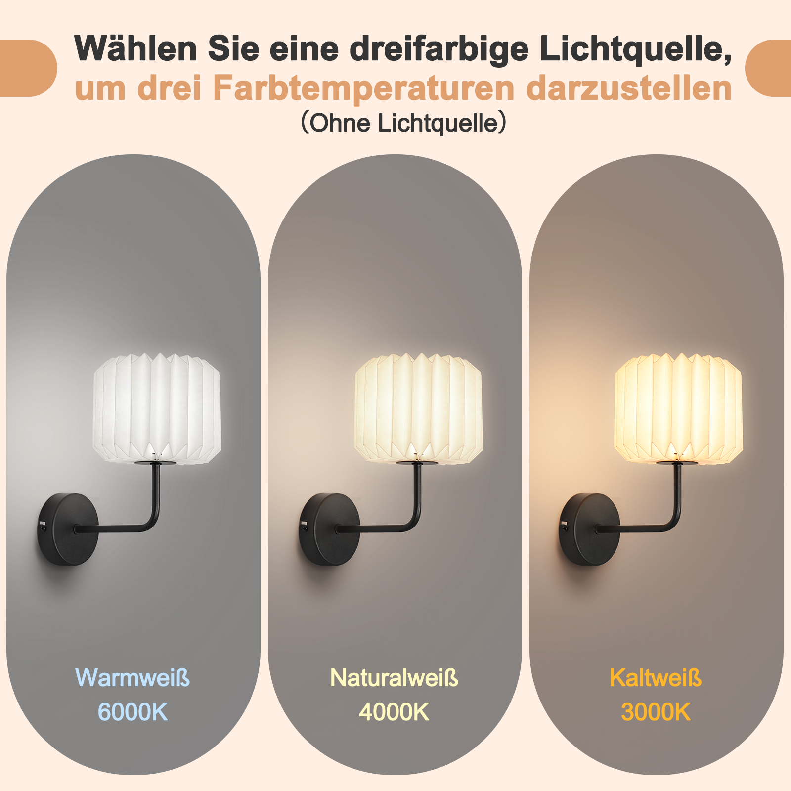 Immagine che mostra una lampada da parete con diverse opzioni di colore della luce. Caldo, naturale e freddo.