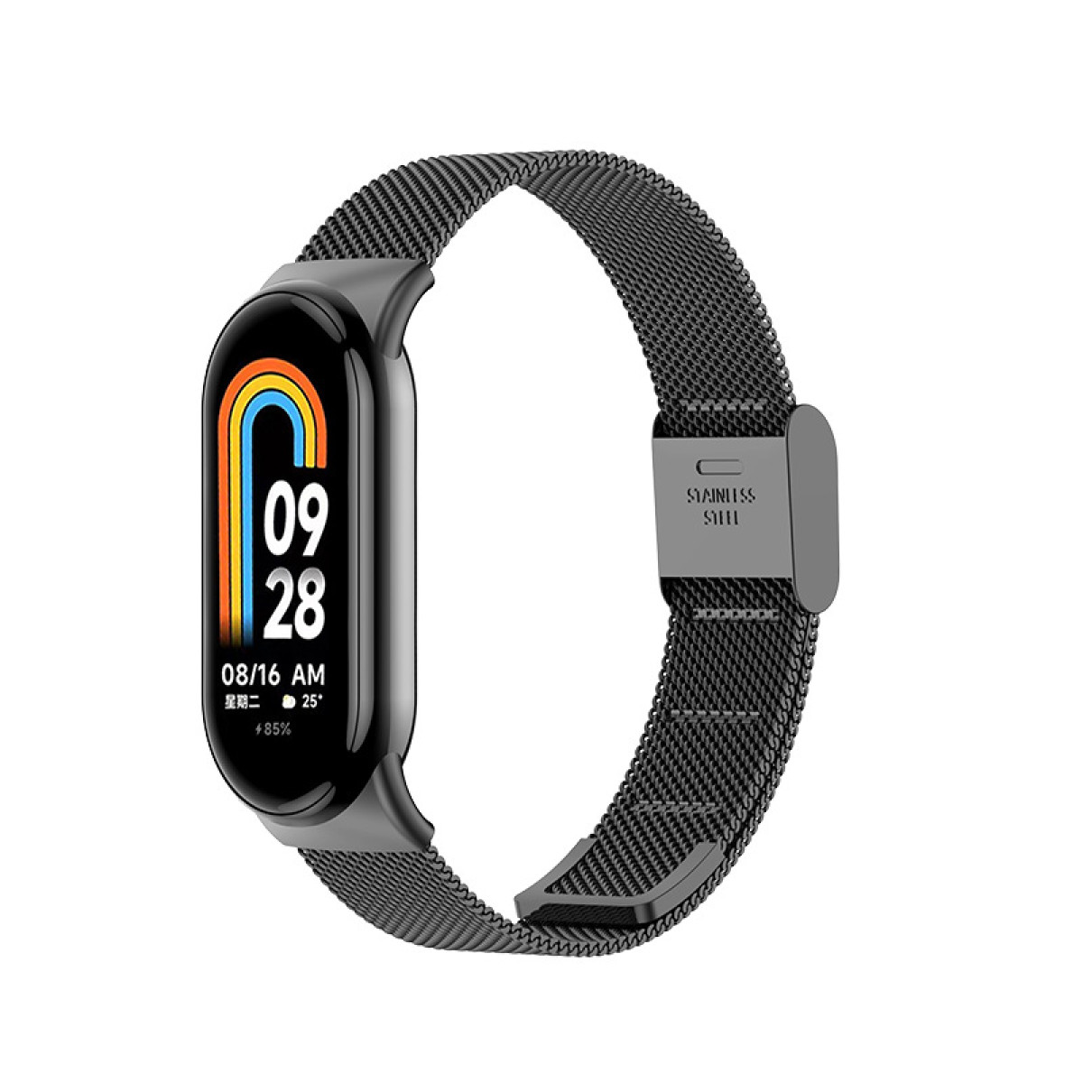 Smartwatch z czarnym paskiem, pokazujący czas i metryki. Pasek ma metalową siatkową konstrukcję.