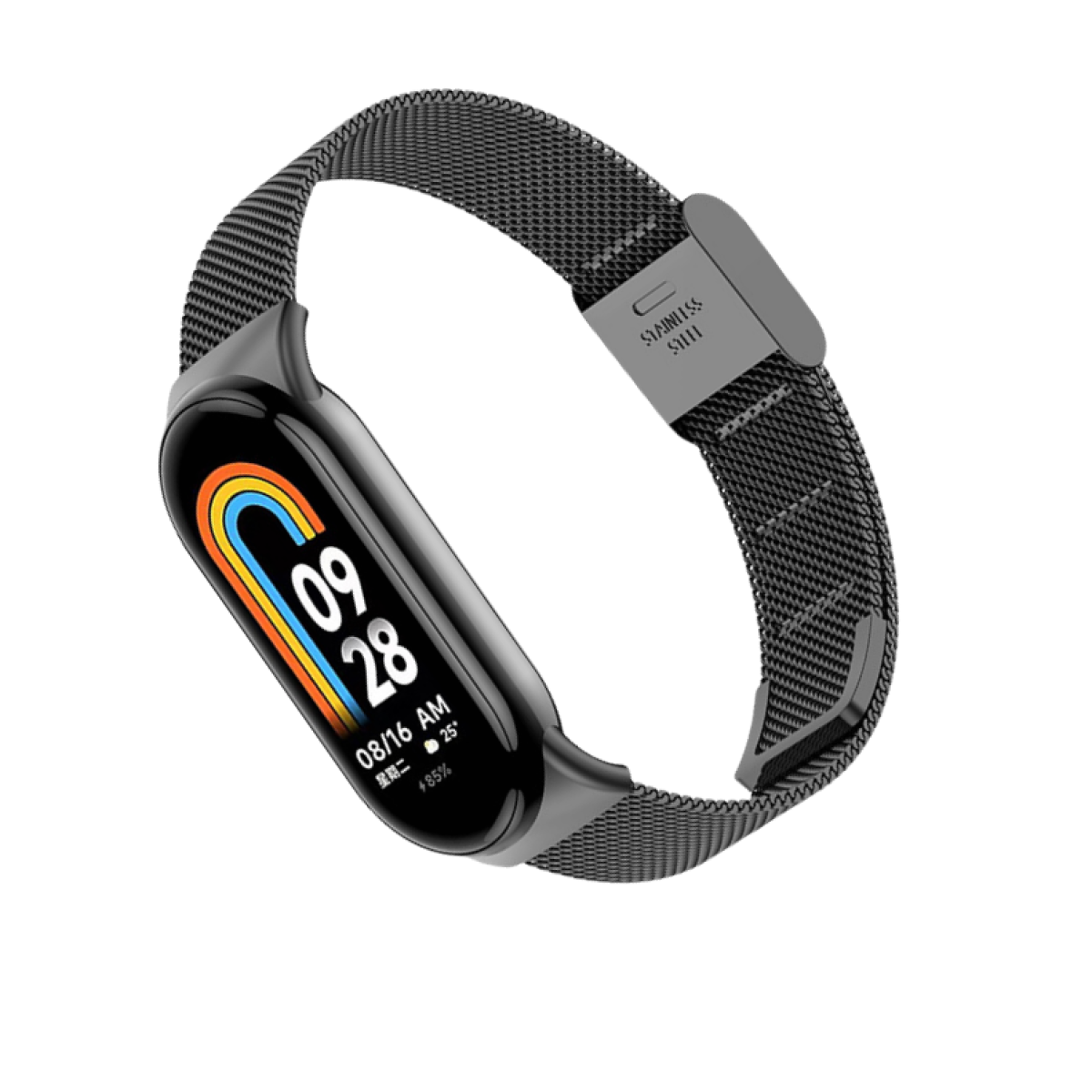 Czarny smartwatch z czarnym paskiem ze stali nierdzewnej, z cyfrowym wyświetlaczem.