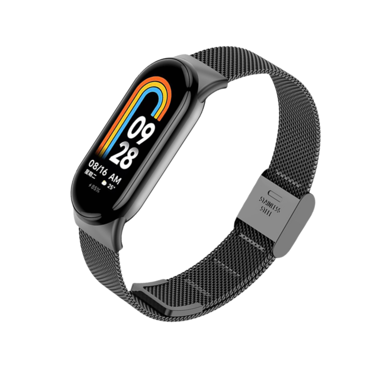 Czarny smartwatch z zakrzywionym wyświetlaczem i siatkowym paskiem, pokazujący godzinę i baterię.