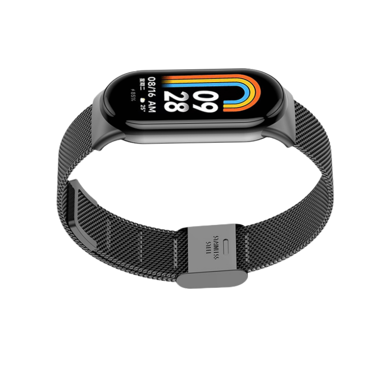 Smartwatch z czarnym paskiem. Ekran pokazuje czas i metryki. Pasek ma metalową siatkową konstrukcję.