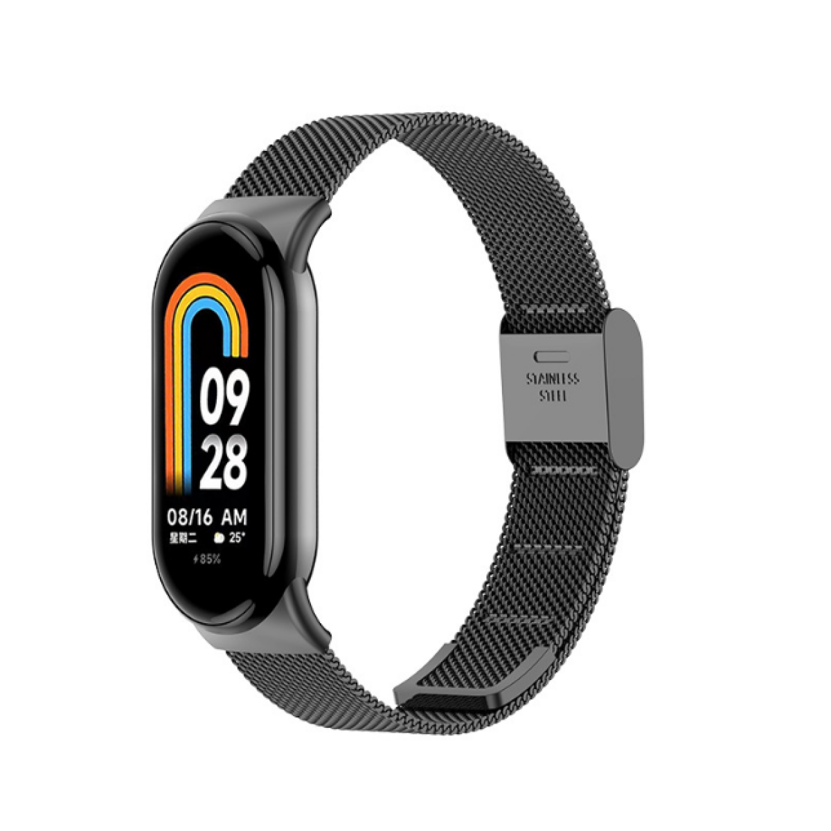 Czarny smartwatch z czarnym metalowym paskiem wyświetlający datę i godzinę na ekranie.
