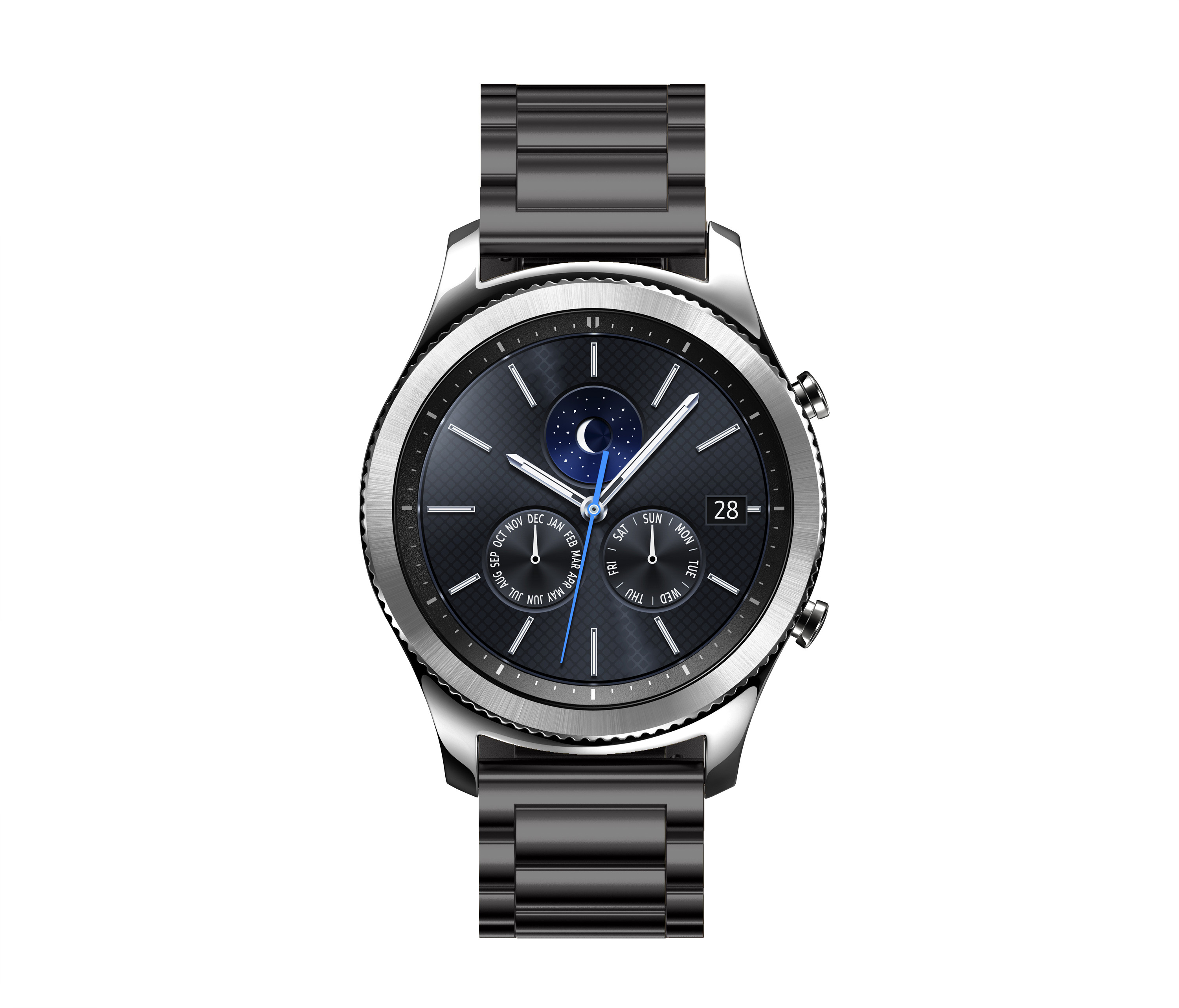 Srebrno-czarny smartwatch ze srebrnym metalowym paskiem na białym tle.