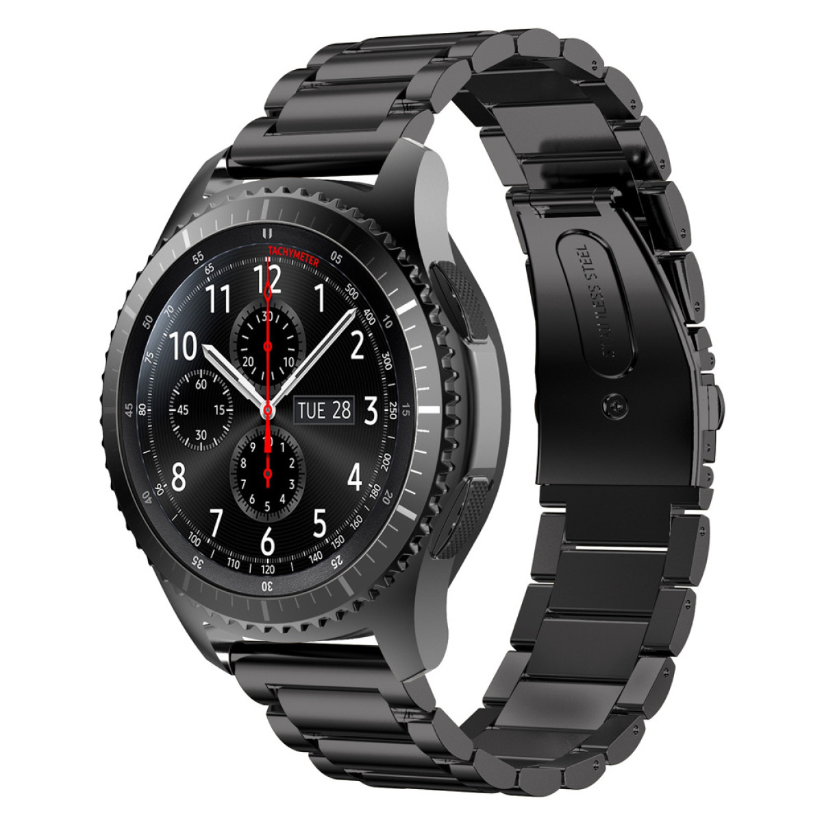 Czarny smartwatch z czarnym metalowym paskiem. Zegarek ma cyfrowy wyświetlacz.