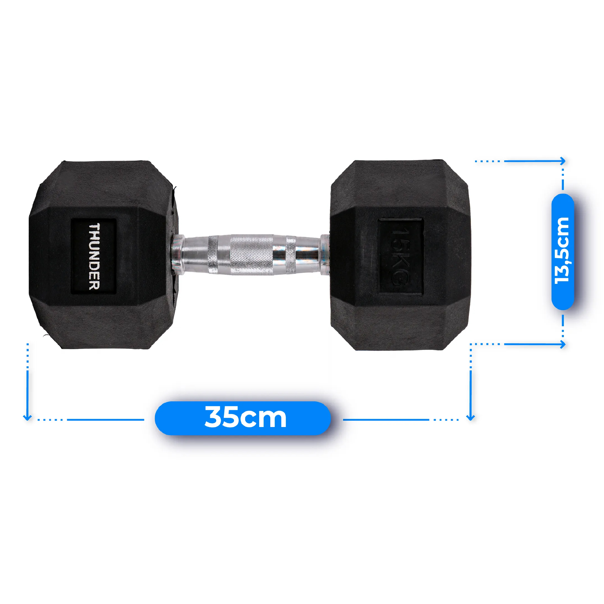 Czarna hantla z marką 'THUNDER' i etykietą '15KG'. Niebieski prostokąt pokazuje rozmiar 35cm i 13,5cm.