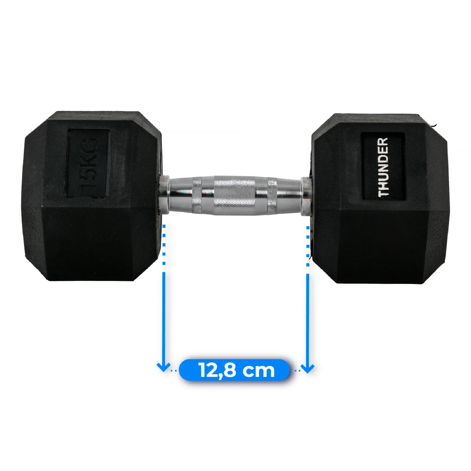 Czarna hantla ze srebrnym uchwytem. Etykieta pokazuje '15KG'. Niebieski prostokąt pokazuje 12,8 cm.