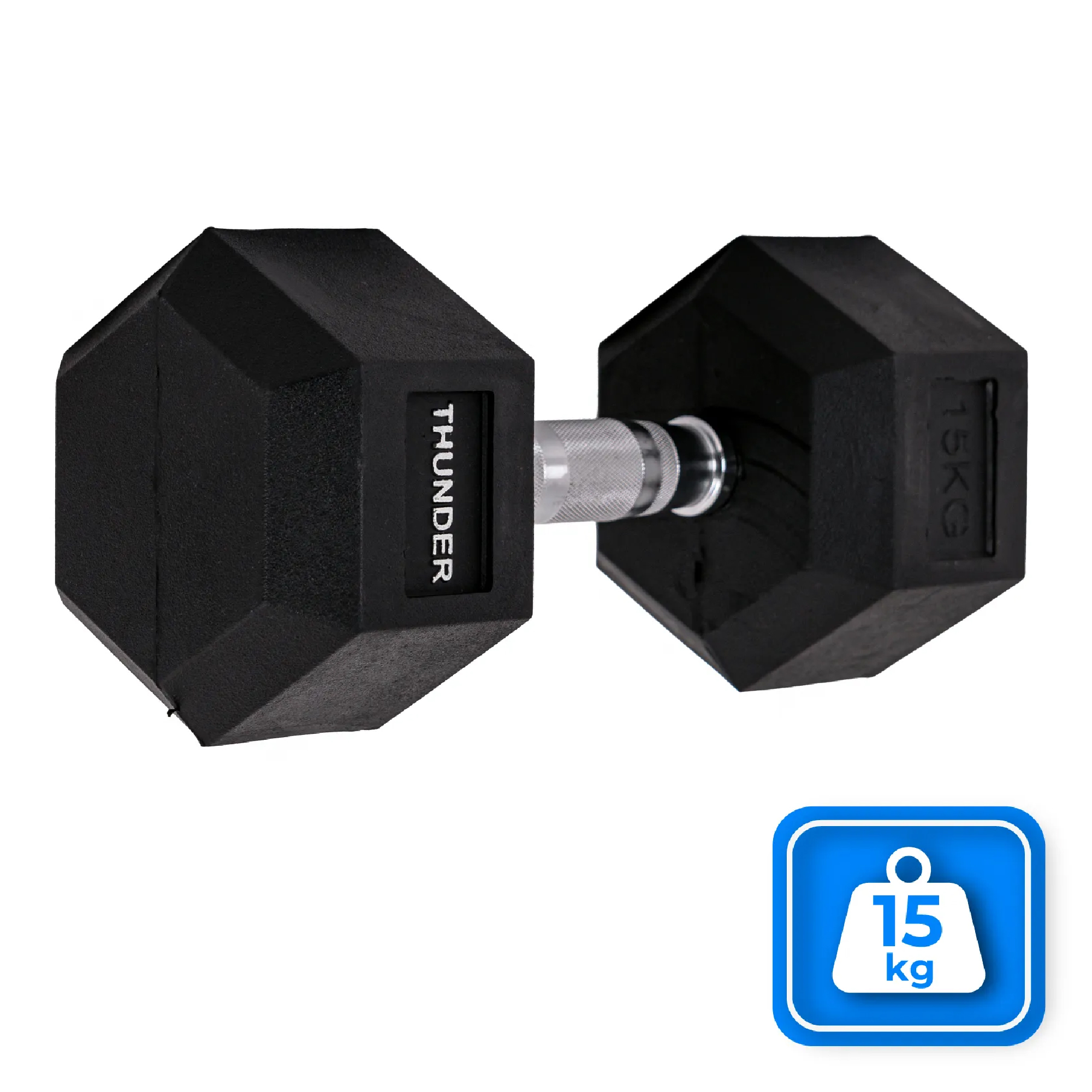 Czarna hantla. Etykieta pokazuje '15KG' i 'THUNDER'. Obecna jest niebieska ikona z wagą.
