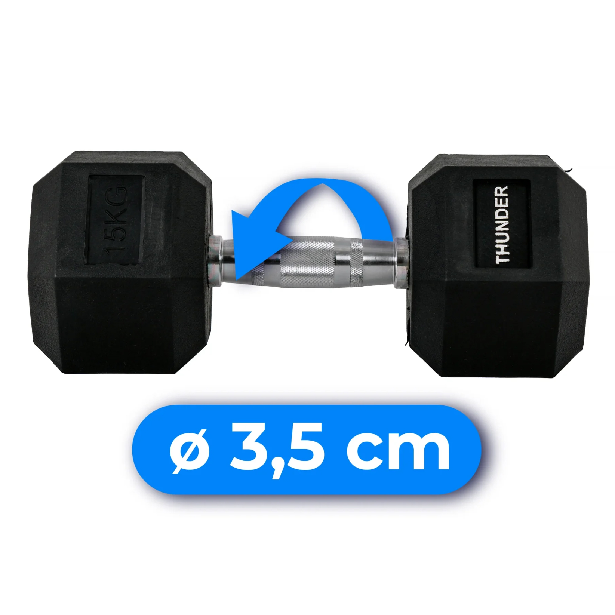 Czarna hantla ze srebrnym uchwytem. Niebieska strzałka obraca się wokół uchwytu. Etykieta pokazuje 3,5 cm.