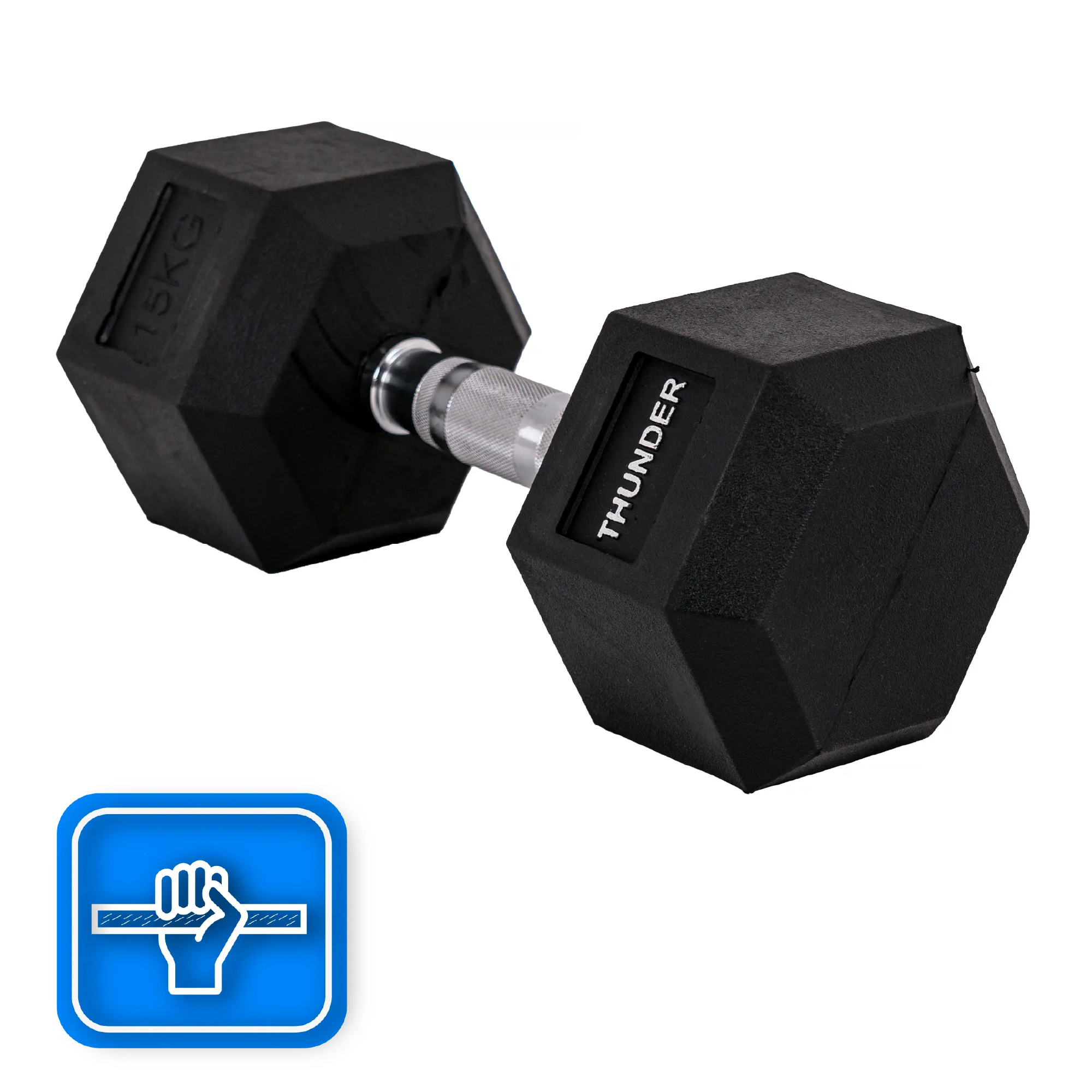 Czarna hantla 15KG ze srebrnym uchwytem. Słowo 'THUNDER' jest wyświetlane na jednym końcu hantli.