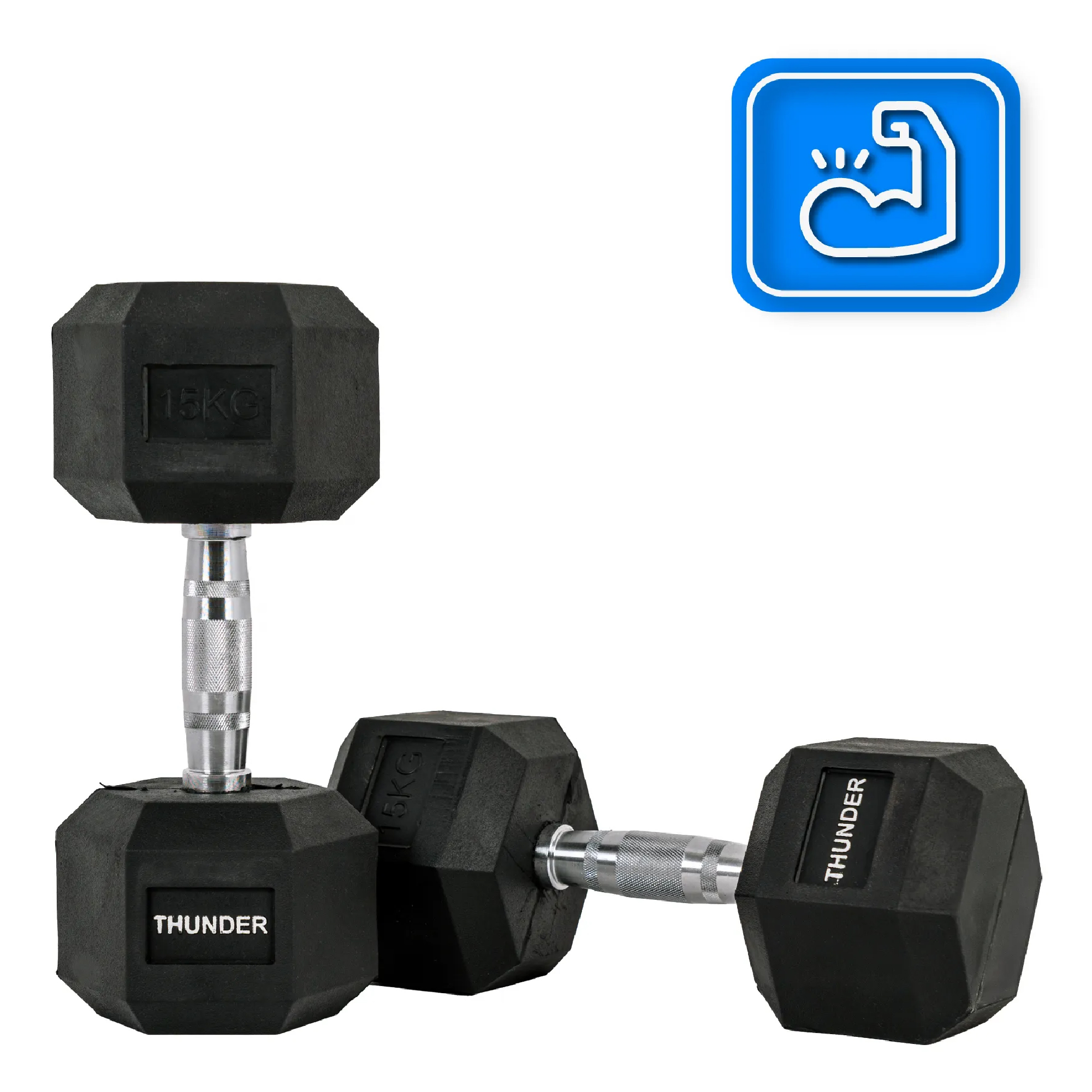 Dwie czarne hantle ze srebrnym uchwytem. Etykieta pokazuje '15KG' i 'THUNDER'. Obecna jest niebieska ikona.