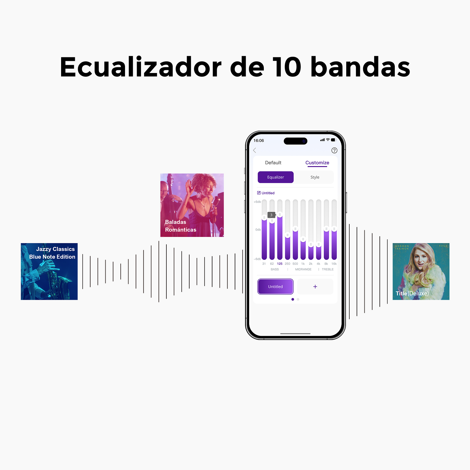 Pantalla de smartphone con interfaz de ecualizador de 10 bandas. Portadas de álbumes a la izquierda.
