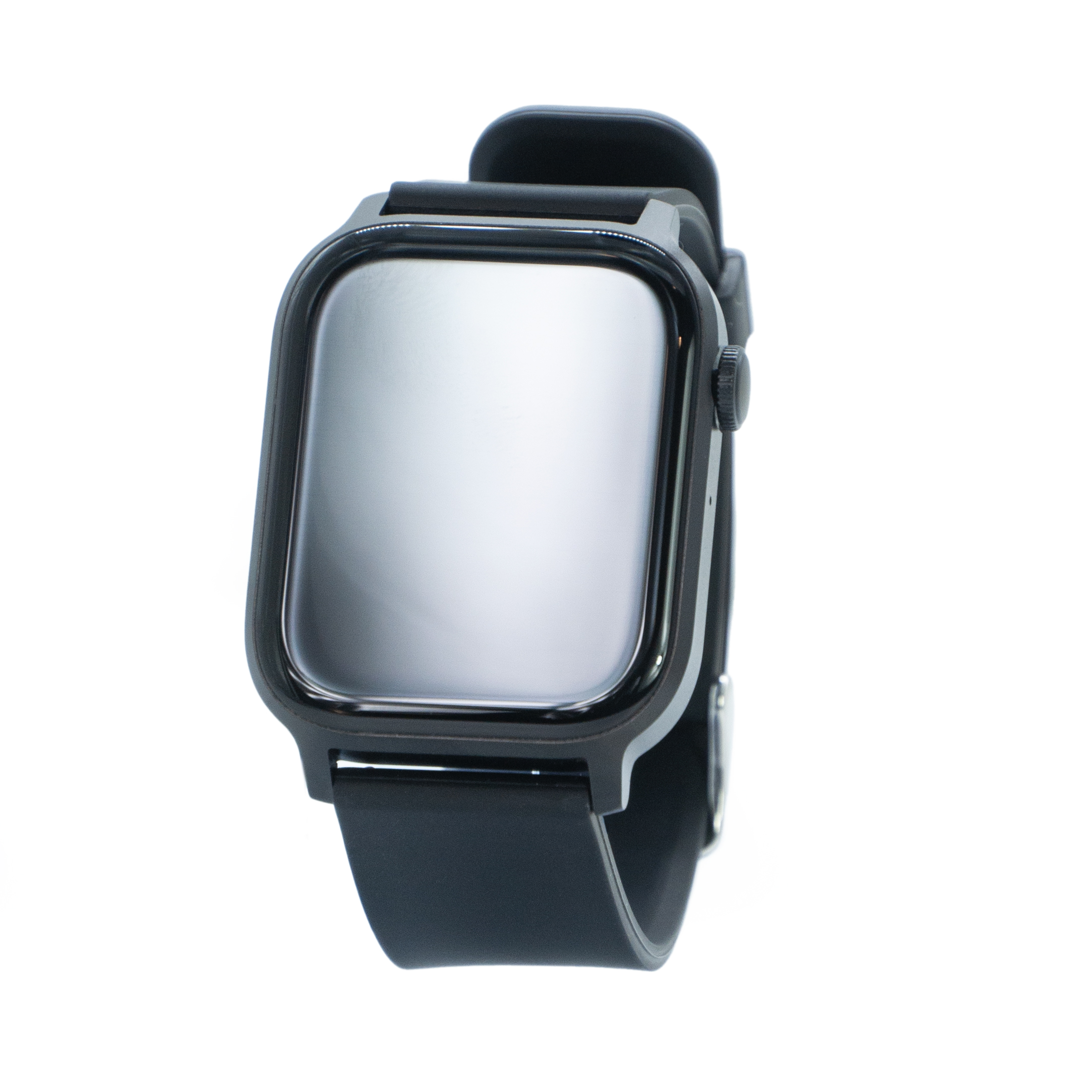 Czarny smartwatch z kwadratowym ekranem. Ma czarny pasek i prosty design.