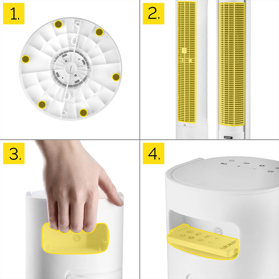 Cztery obrazy pokazują proces montażu wentylatora. Podstawa, korpus wentylatora i pilot zdalnego sterowania.