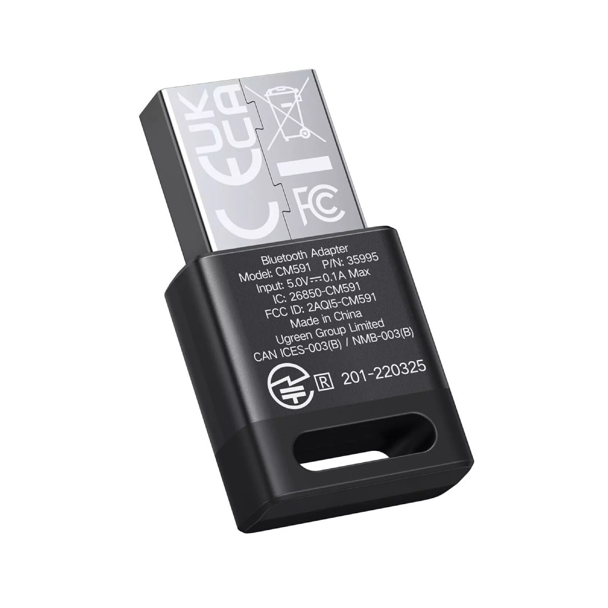 Czarny adapter UGREEN. Widoczny tekst i logo, ze złączem USB.