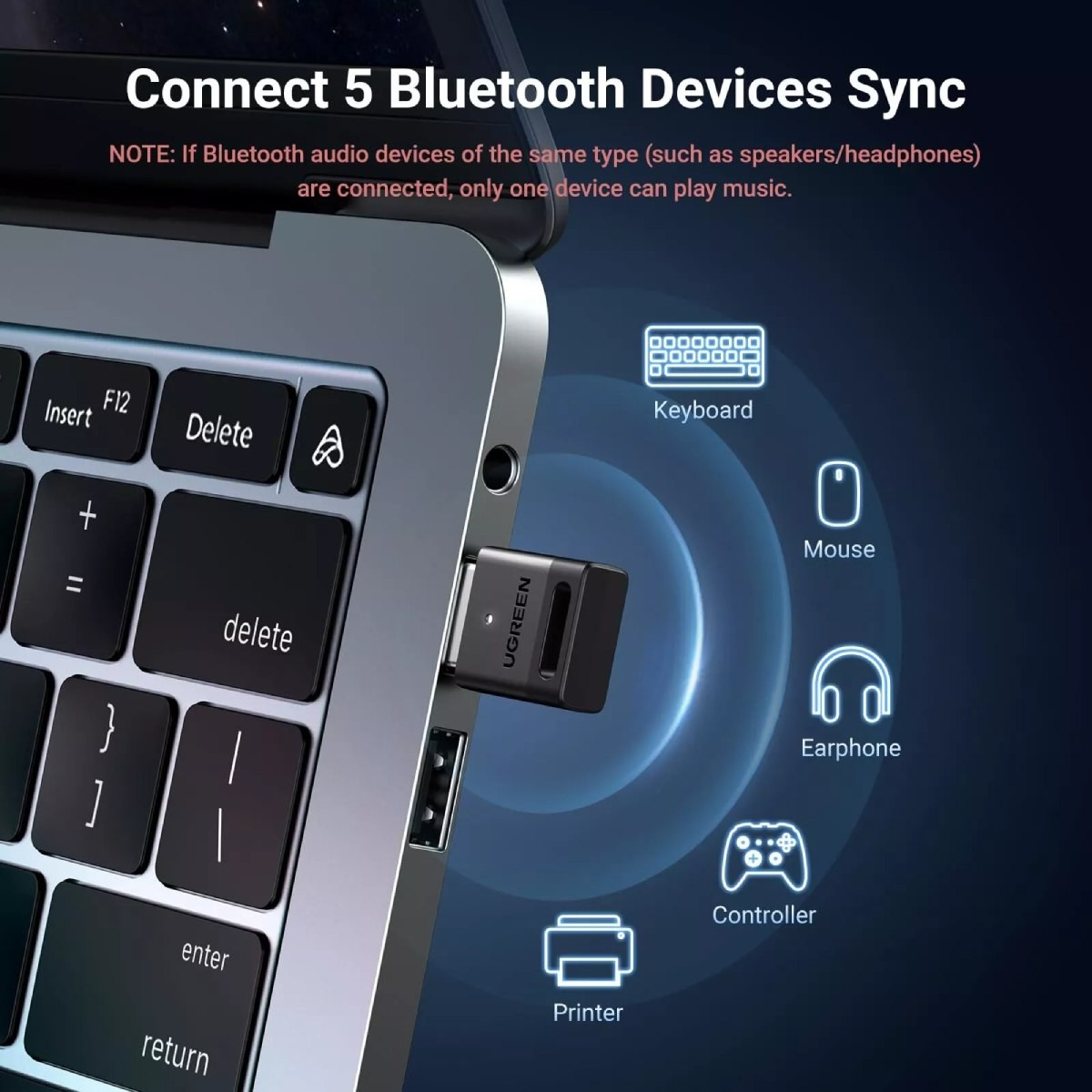 Laptop z adapterem USB, promujący synchronizację urządzeń Bluetooth.