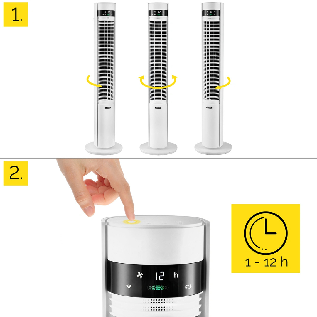 Trzy wentylatory wieżowe obracające się. Ręka naciska przycisk. Zegar wyświetla 1-12h.