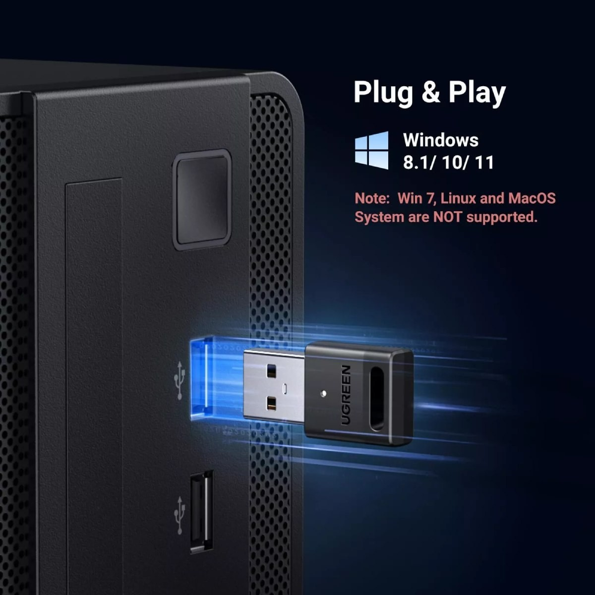 Adapter USB podłączony do czarnego komputera, promujący funkcję plug and play.