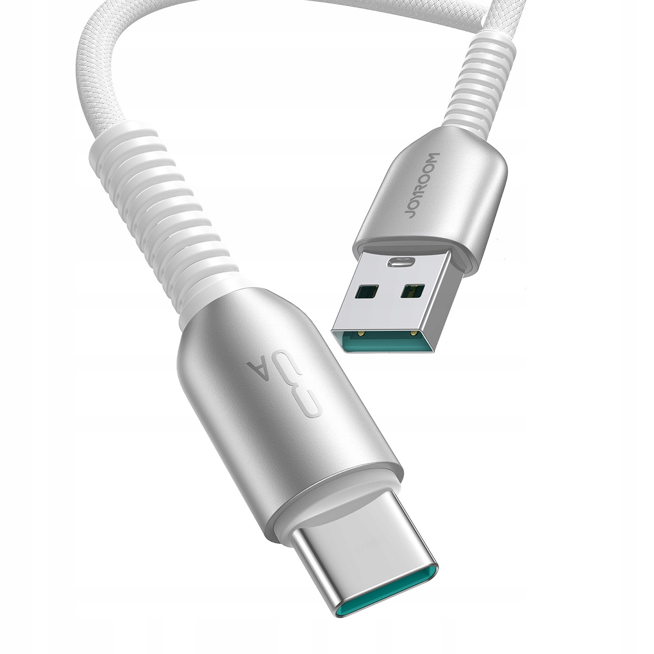Weißes USB-zu-USB-C-Kabel mit geflochtenem Kabel. Das Kabel hat silberne Stecker. Das Logo am USB-C-Ende.