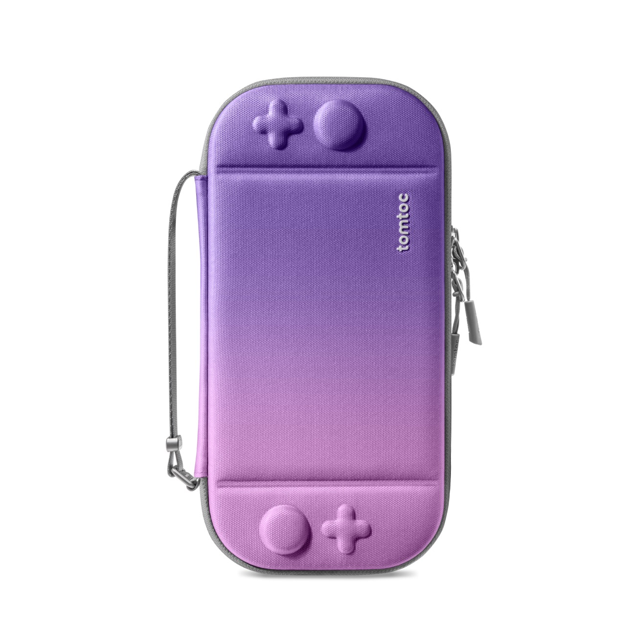 Fioletowo-różowe etui Switch Lite ombre z paskiem na ramię, zamkiem błyskawicznym i marką Tomtoc.