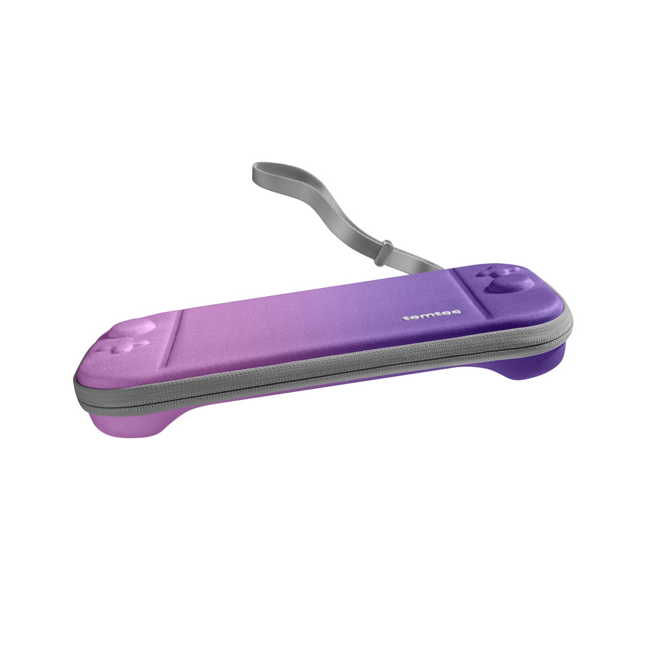 Fioletowo-różowe etui na Nintendo Switch z szarym paskiem. Etui ma gradient i markę temtee.