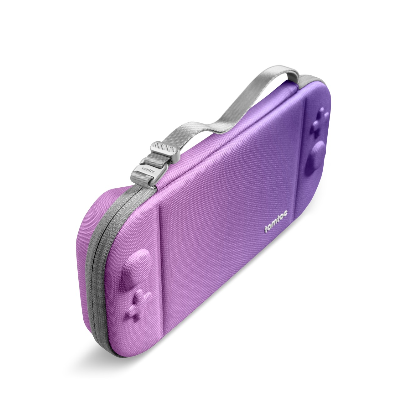 Fioletowe etui na Nintendo Switch z szarym paskiem. Etui ma kształty przycisków kontrolera i logo tomtoc.