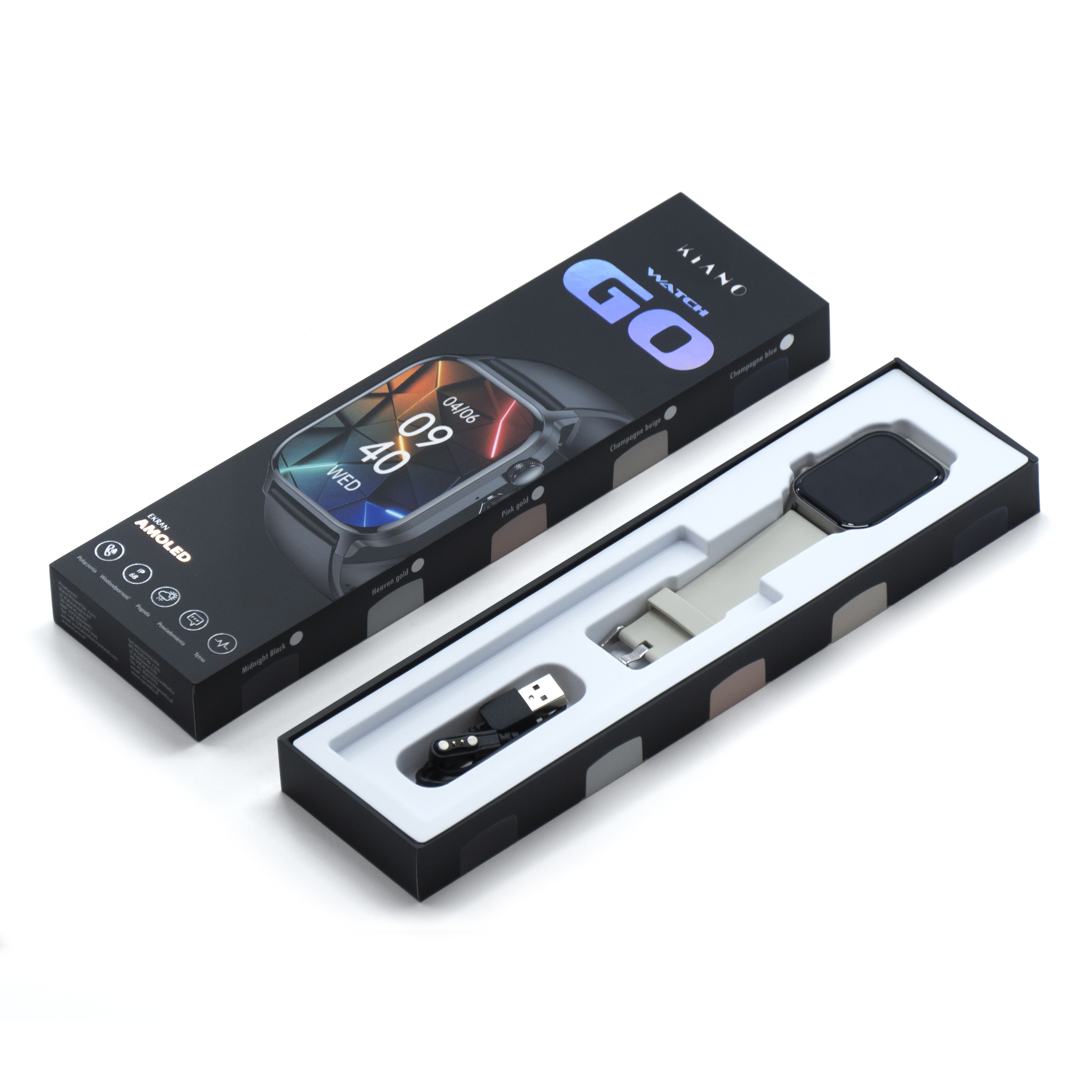 Smartwatch y accesorios en una caja negra. El reloj es dorado y negro. Se incluye un cable USB y una correa.
