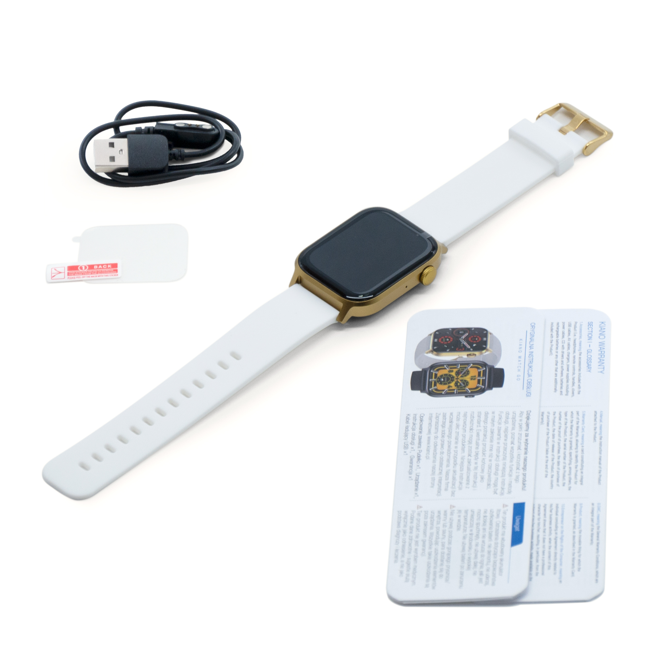 Złoty smartwatch z białym paskiem i akcesoriami. Zawiera kabel USB, osłonę ekranu i karty.