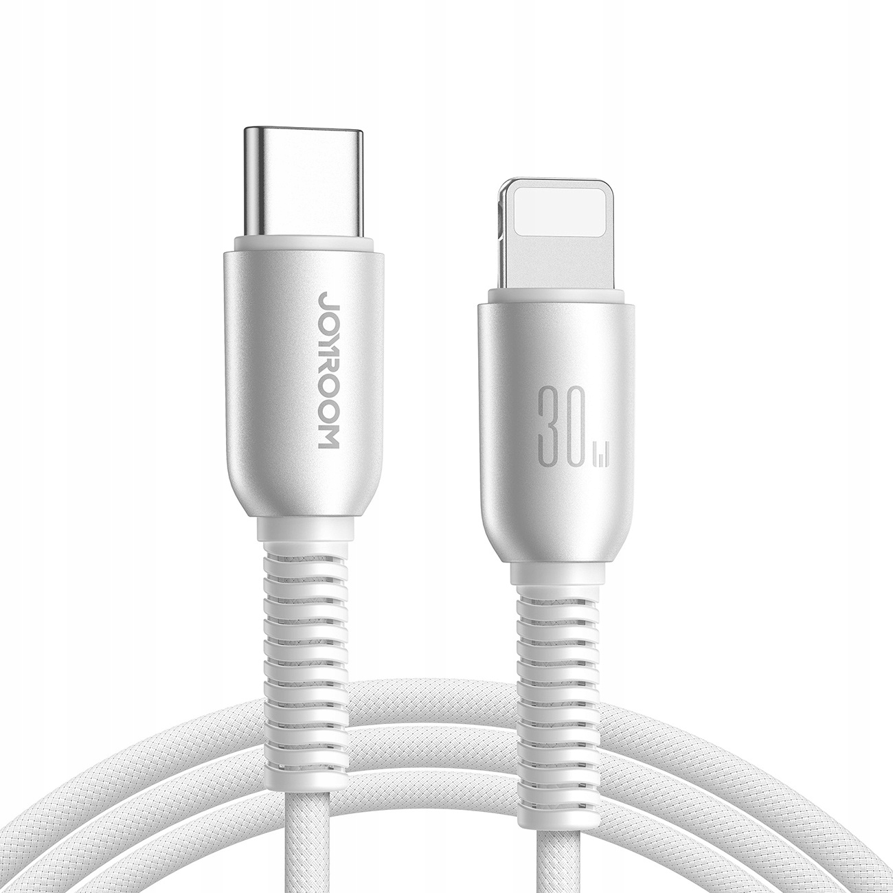 Dwa białe kable ładujące ze srebrnymi złączami. Jeden to USB-C, drugi Lightning, oba z logo JOYROOM.