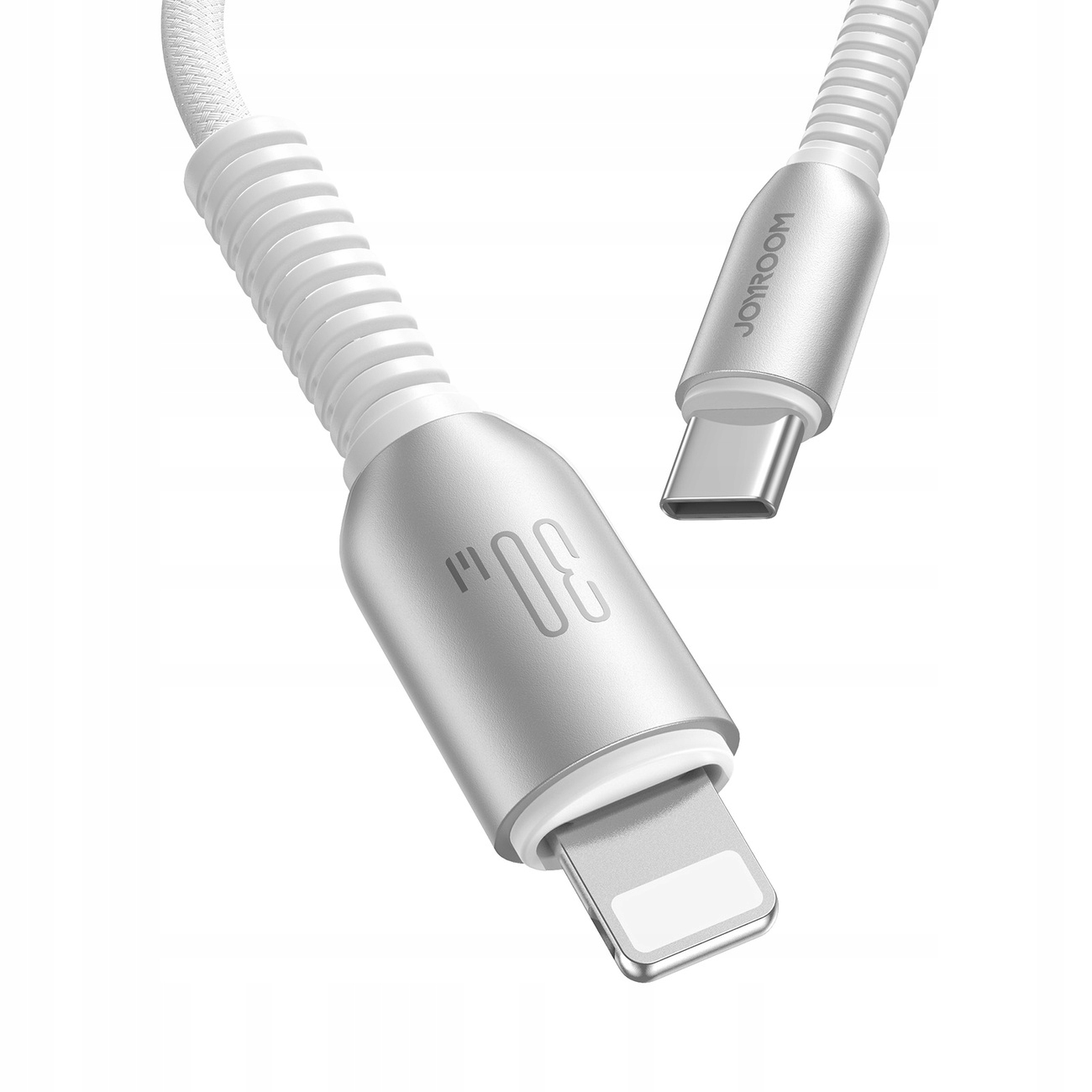 Biały kabel ze złączami Lightning i USB-C, zbliżenie. Kabel jest biały i ma plecioną teksturę.