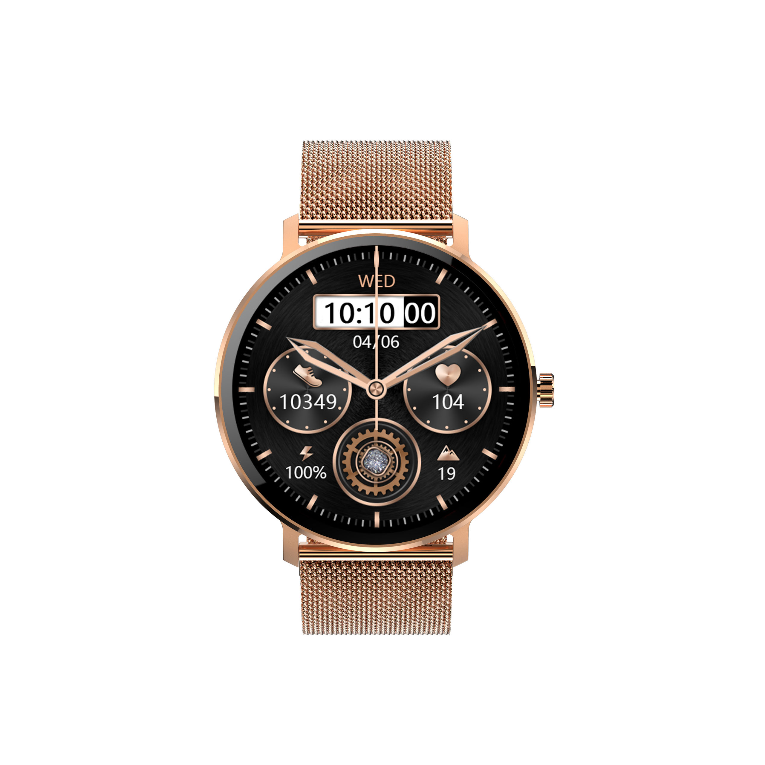 Smartwatch z czarną tarczą i metalową bransoletą.