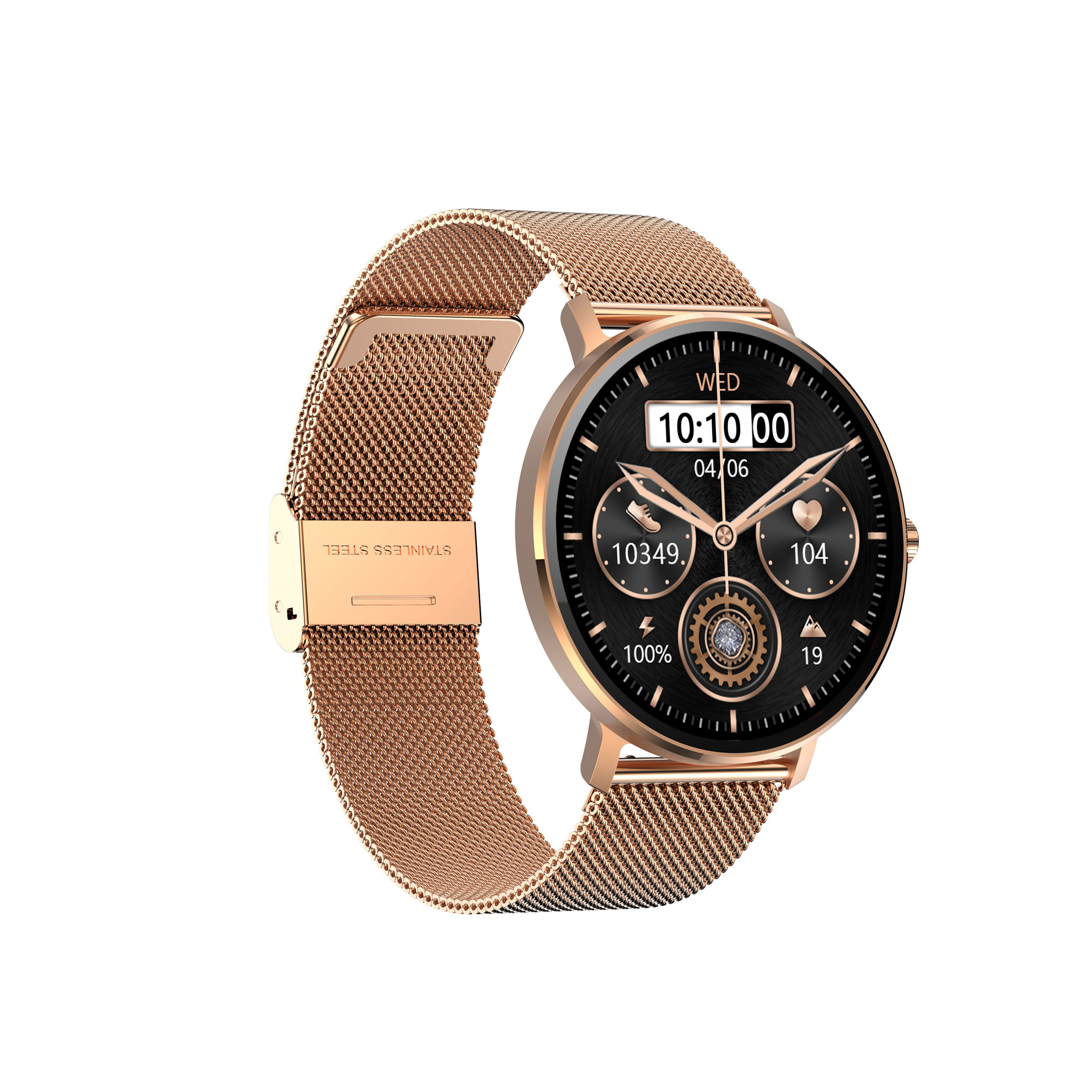 Smartwatch z czarną tarczą i metalową bransoletą.