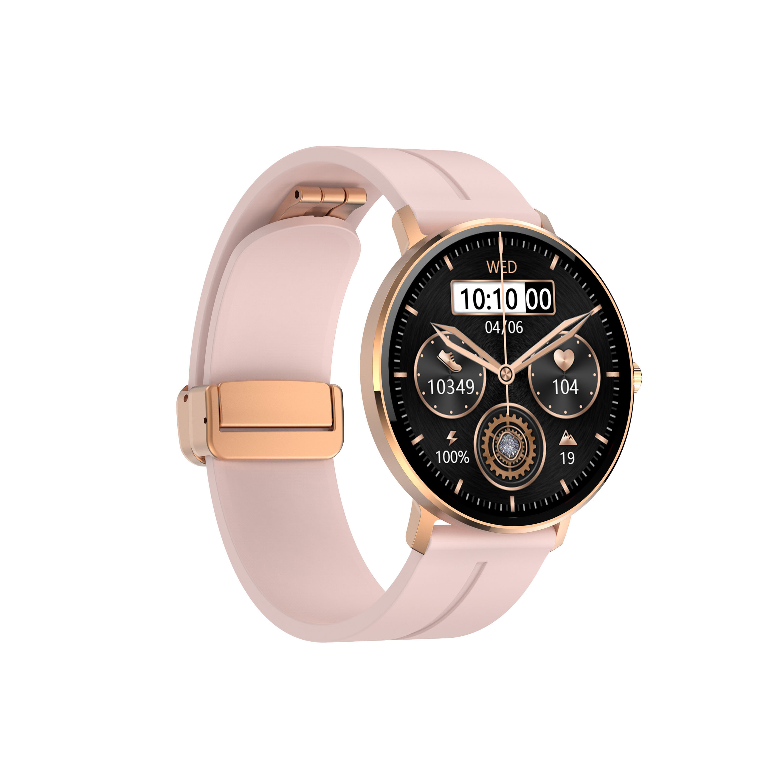 Smartwatch z czarną tarczą i różowym paskiem.