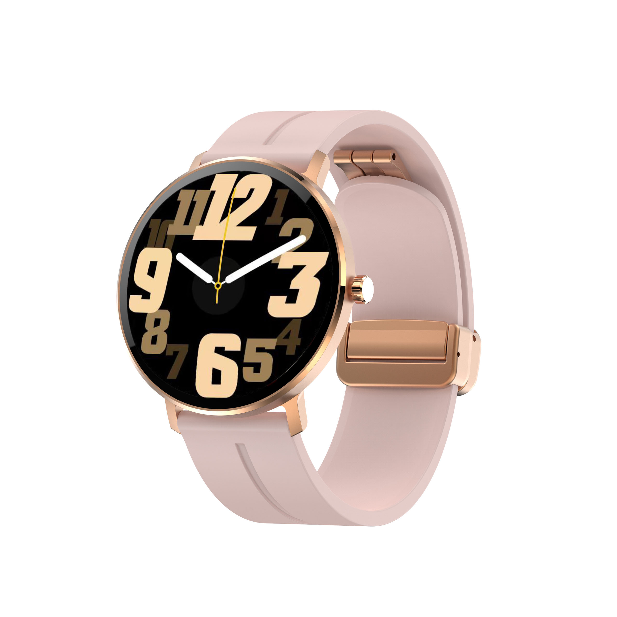 Smartwatch z różowym paskiem i złotą obudową. Tarcza ma czarne tło i złote cyfry.