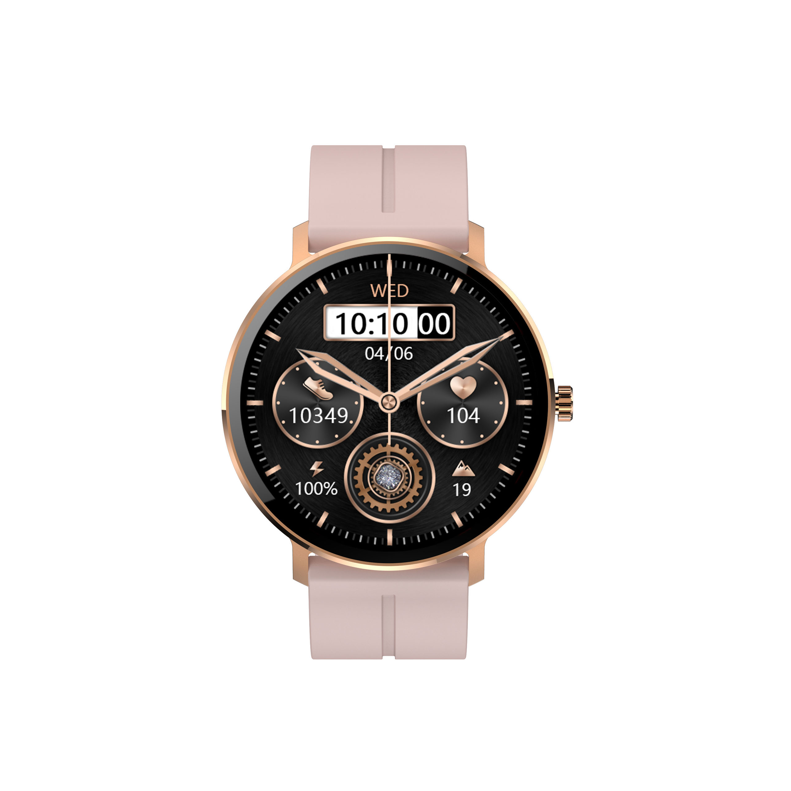 Smartwatch z czarną tarczą i różowym paskiem.