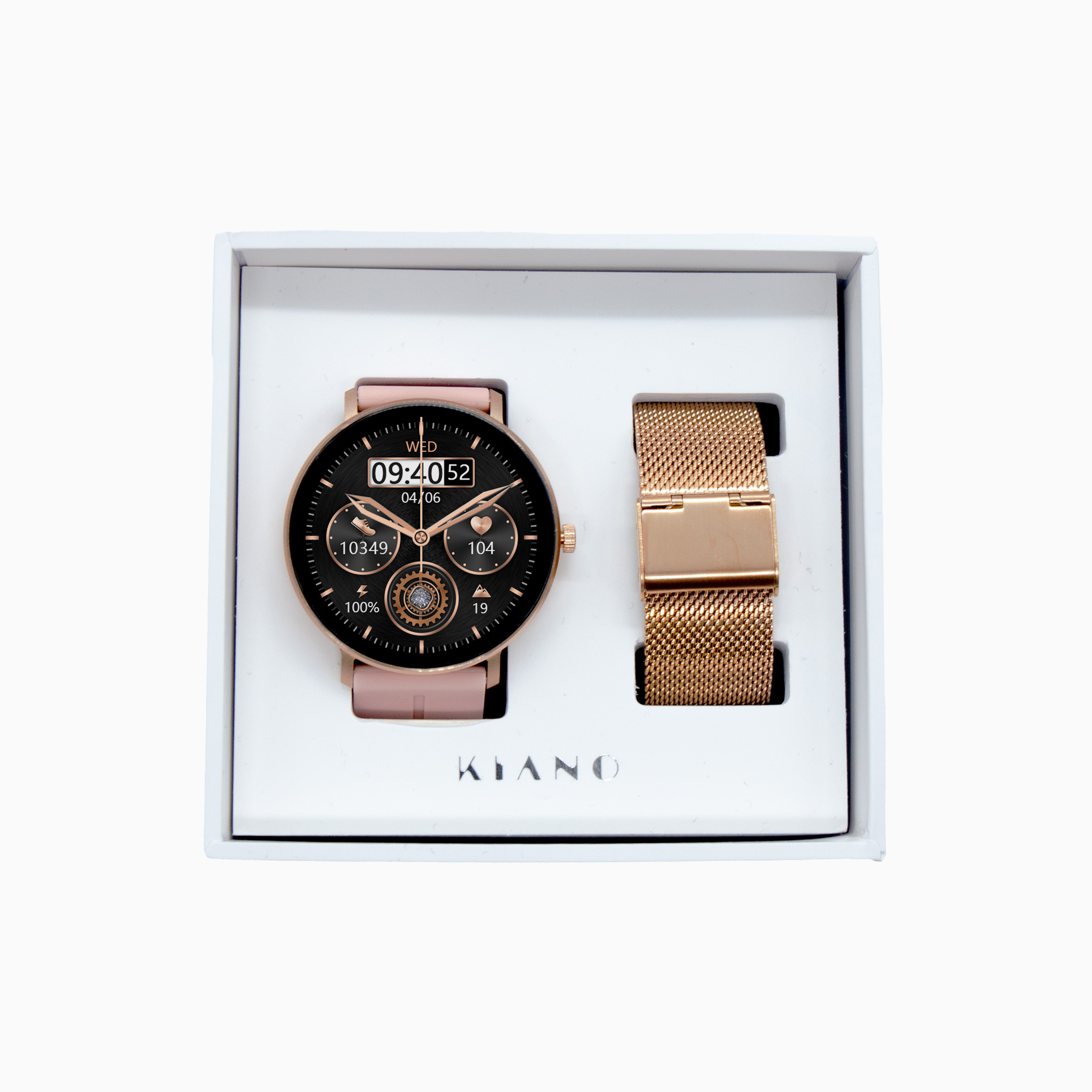 Smartwatch w pudełku z dodatkowym paskiem.