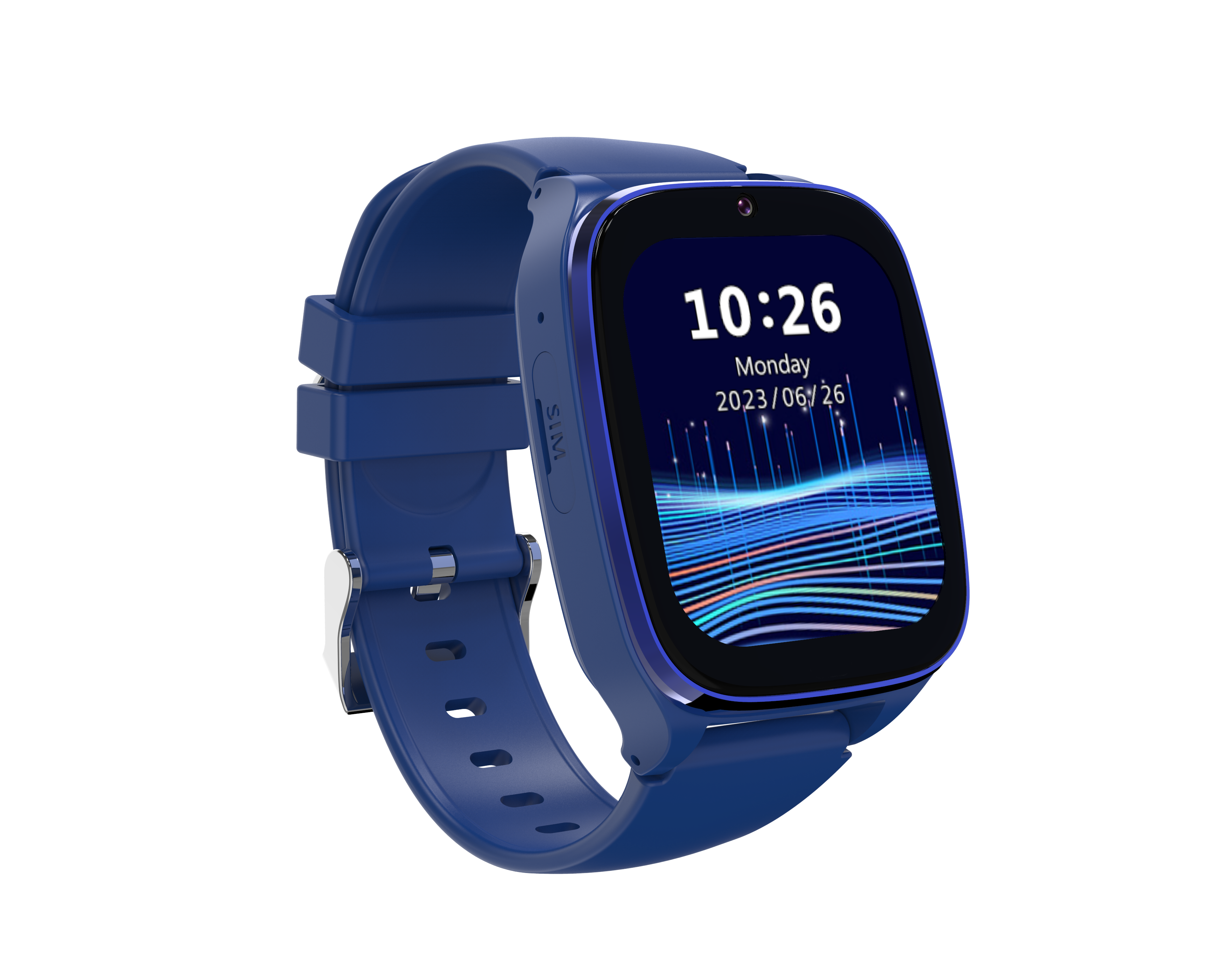 Niebieski smartwatch z kwadratowym ekranem wyświetlającym godzinę i datę. Na czarnym tle.