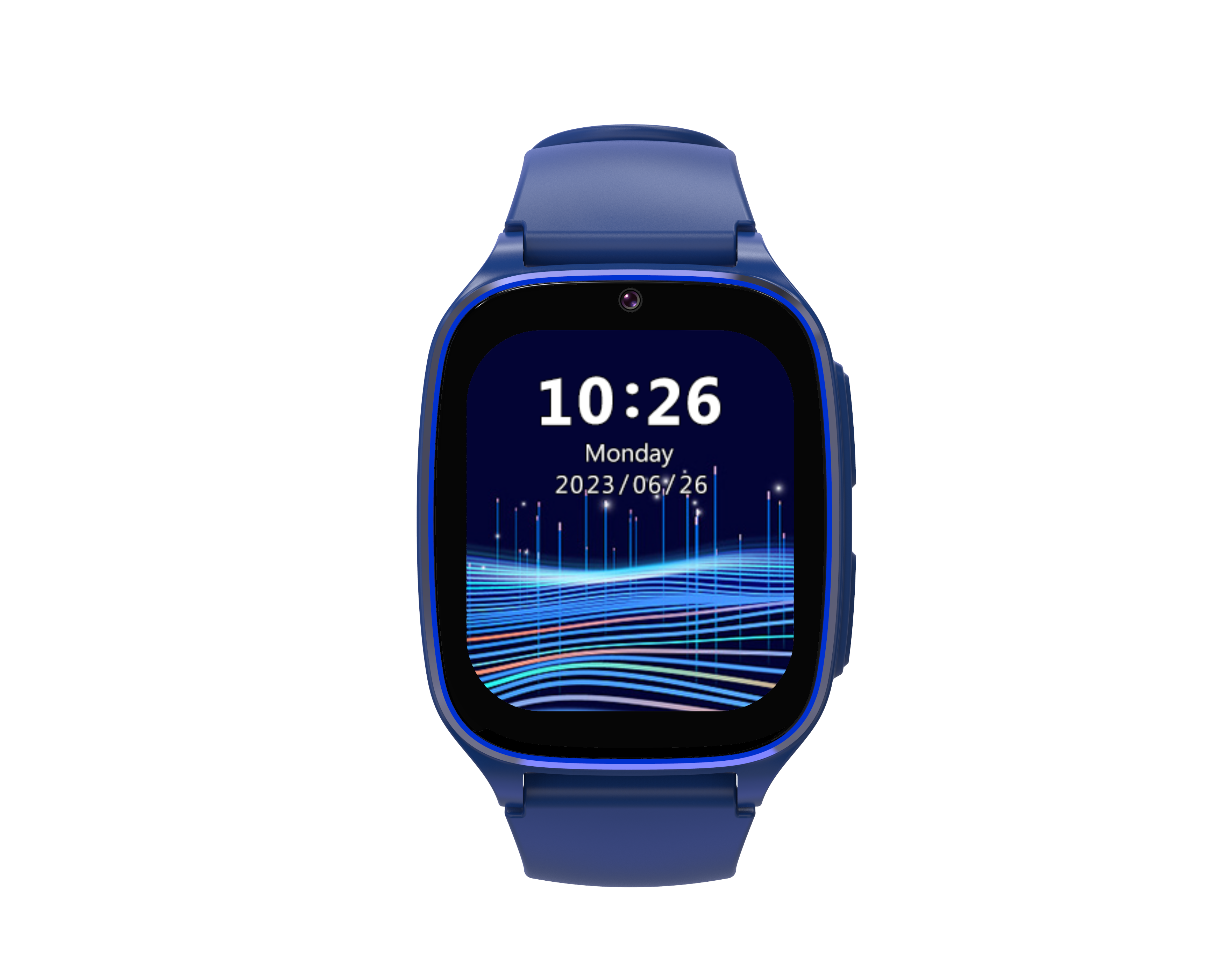 Niebieski smartwatch z kwadratowym wyświetlaczem pokazującym godzinę, datę i kolorową grafikę.
