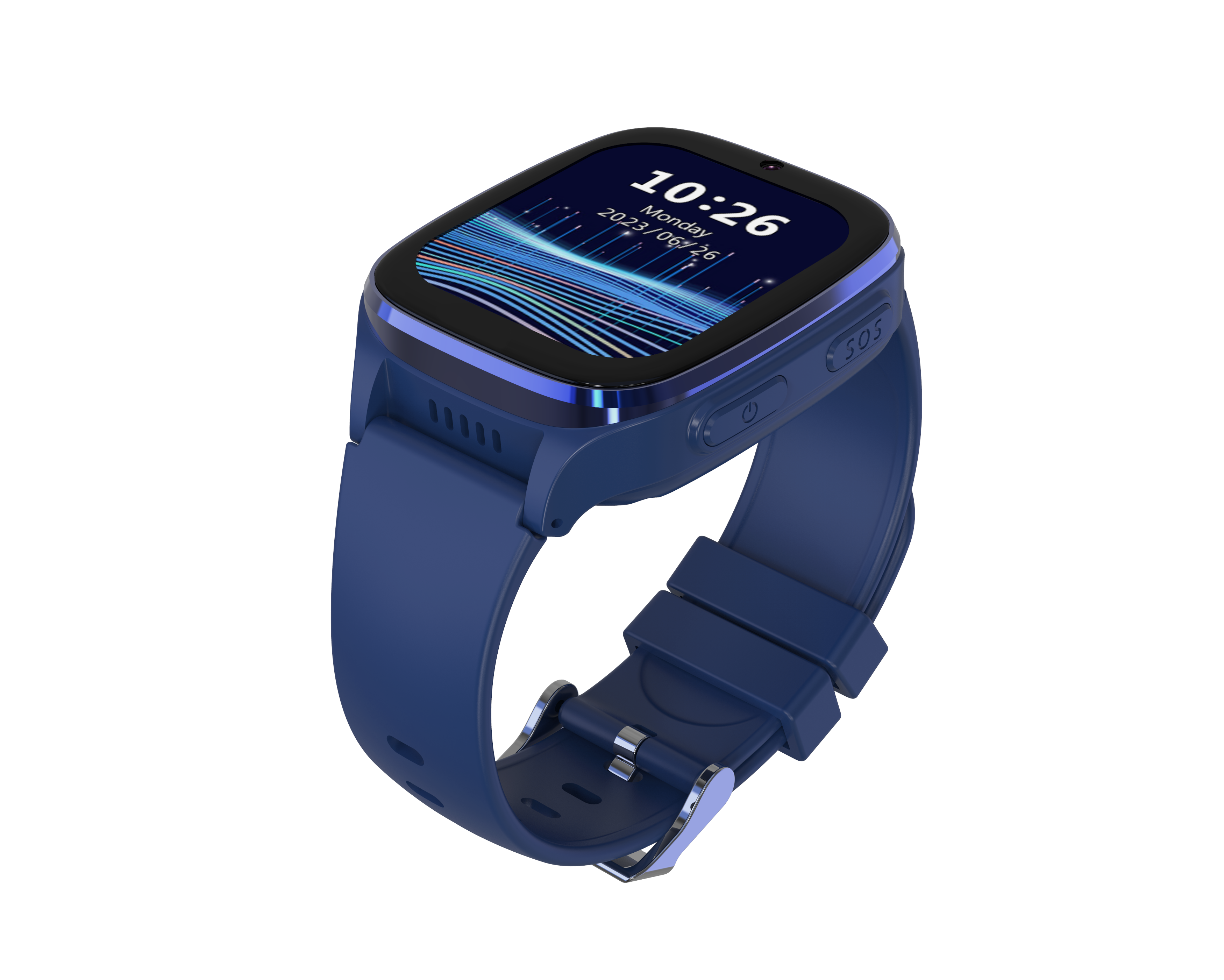 Niebieski smartwatch wyświetla godzinę i datę. Ma niebieski pasek i czarne tło.