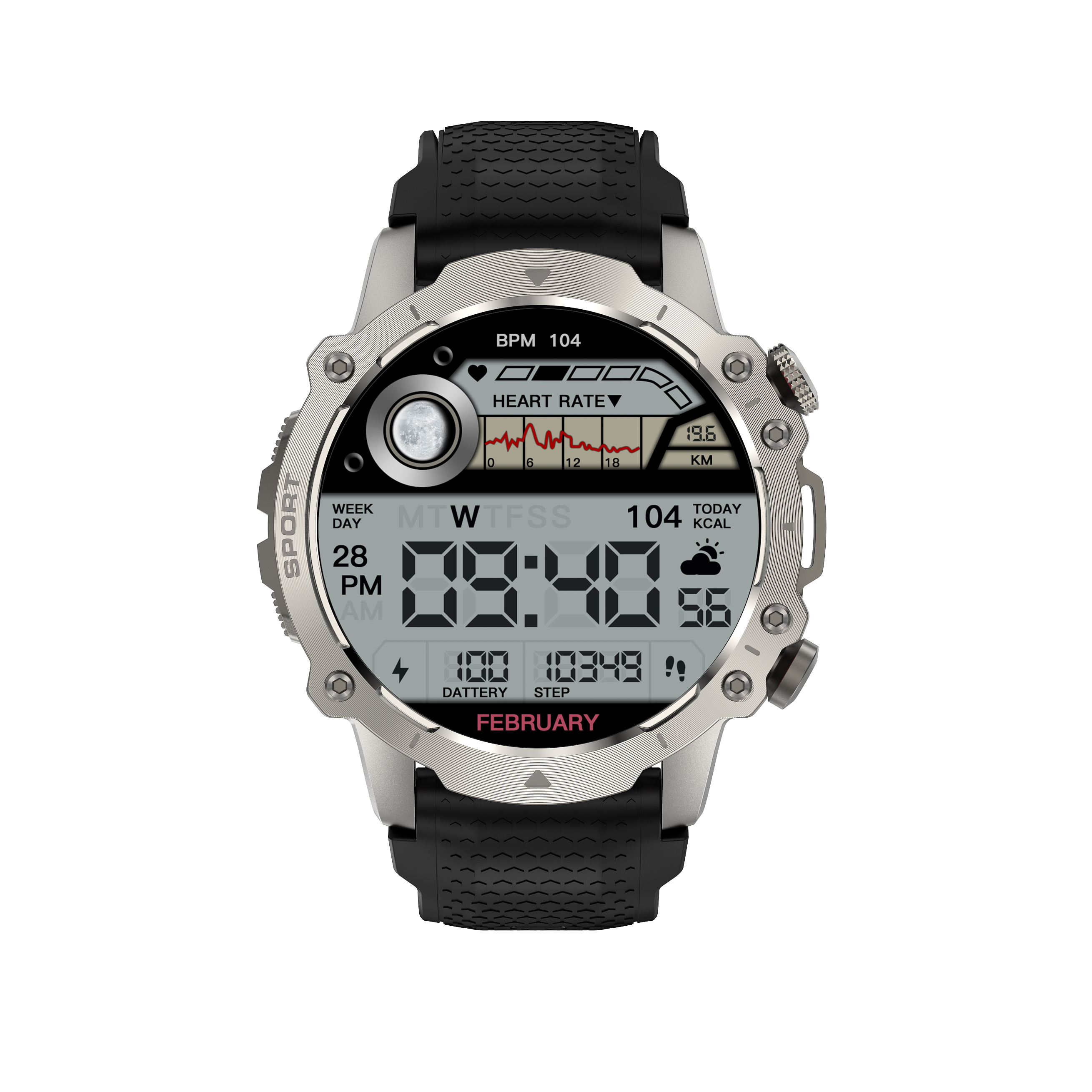 Srebrno-czarny smartwatch z okrągłą tarczą wyświetlającą dane. Zegarek ma czarny pasek.