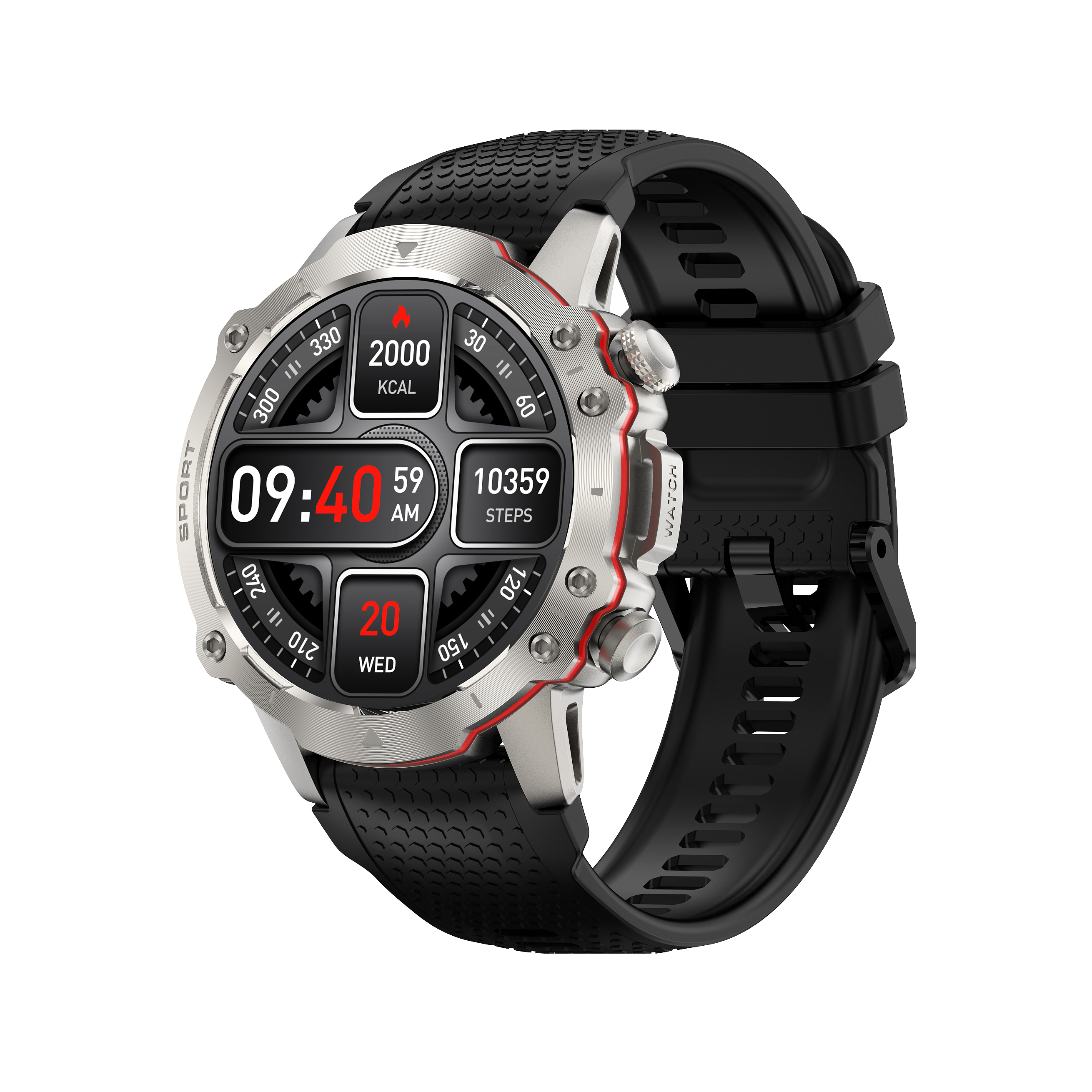 Srebrno-czarny smartwatch z czarnym paskiem. Ekran wyświetla czas, kroki i kalorie.