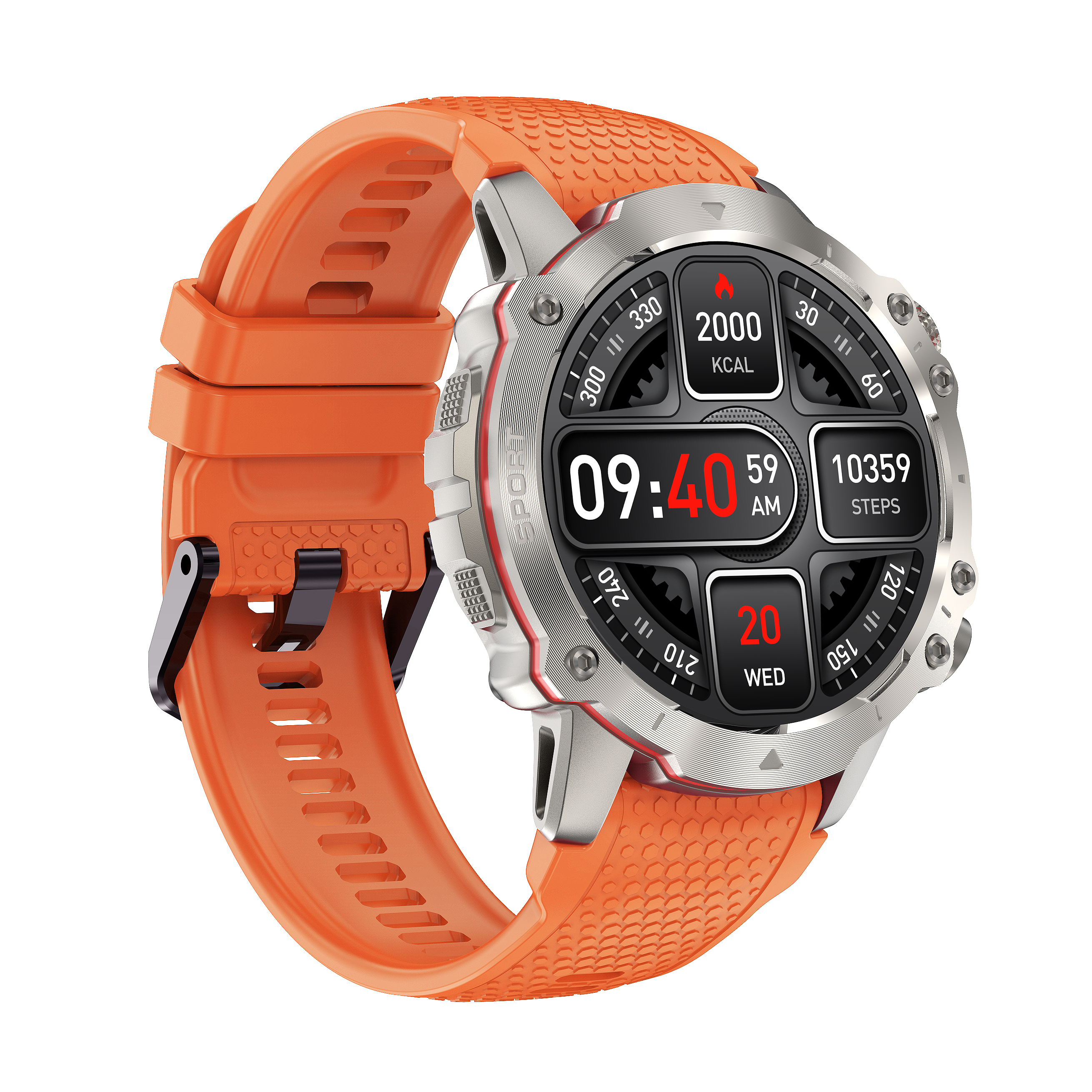 Pomarańczowy smartwatch ze srebrną kopertą. Wyświetla czas, kroki i kalorie. Pasek jest pomarańczowy.