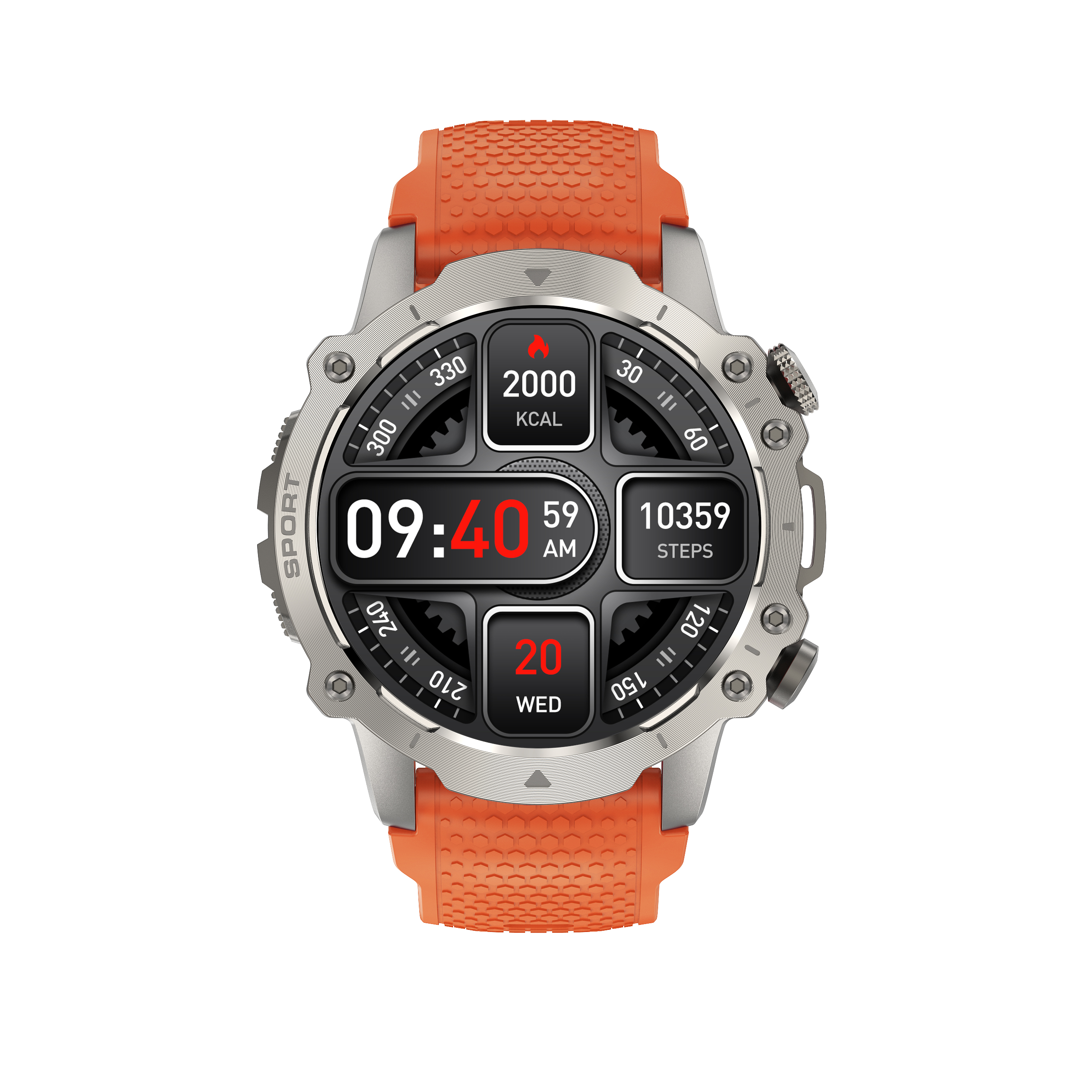 Smartwatch z pomarańczowym paskiem, wyświetlający czas i dane fitness. Srebrna koperta z czarną ramką, białe tło.