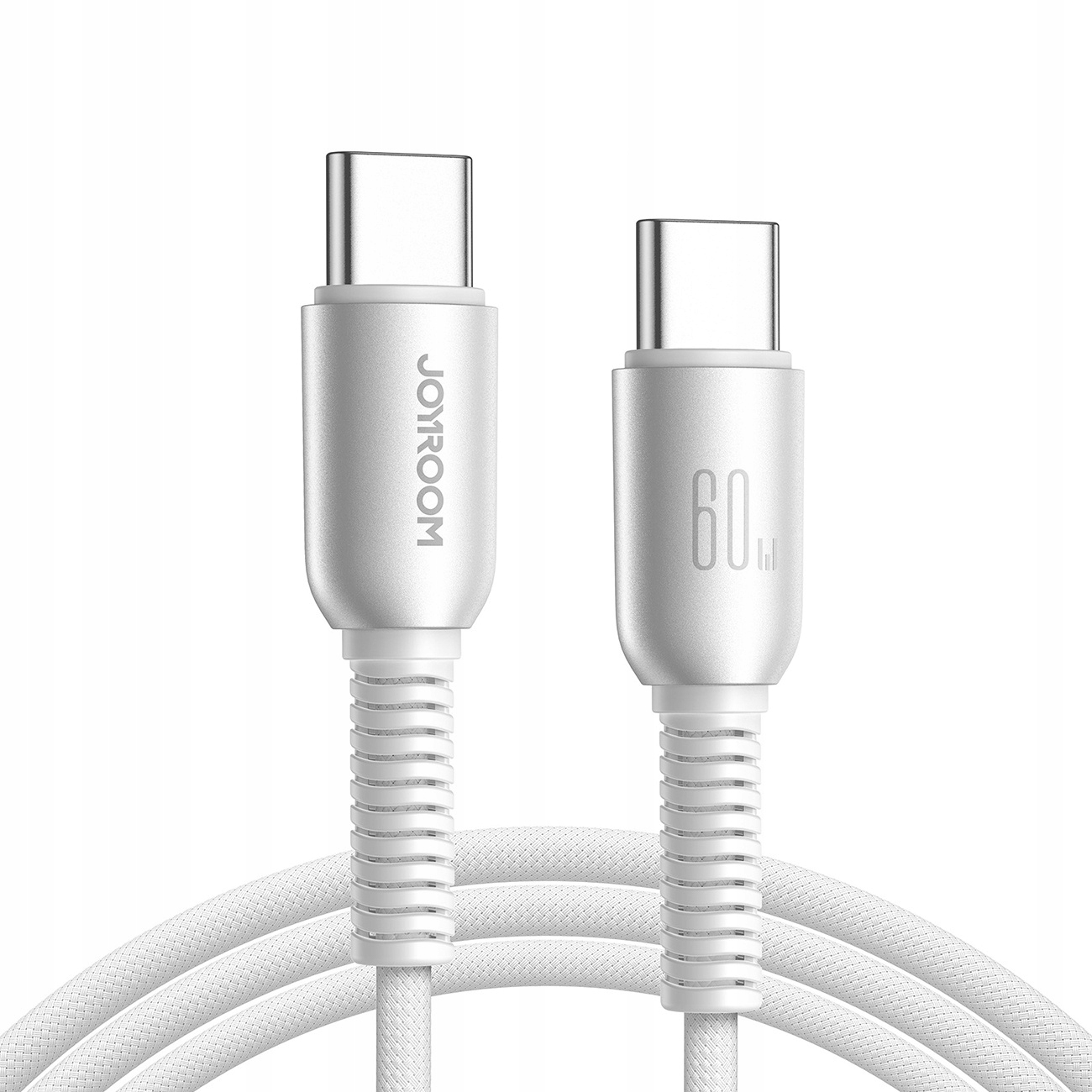 Dwa białe kable USB-C. Logo Joyroom jest widoczne na jednym. Są na białym tle.